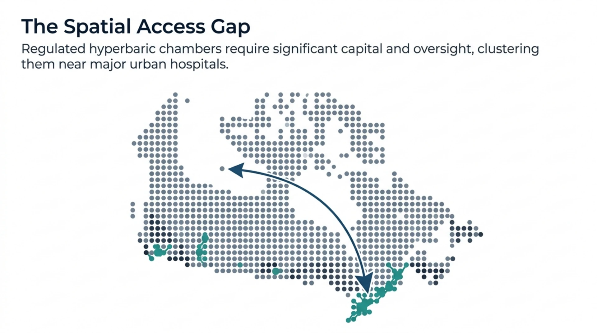 Map of Canada showing hyperbaric chambers clustered near major urban centres, illustrating the rural access gap.