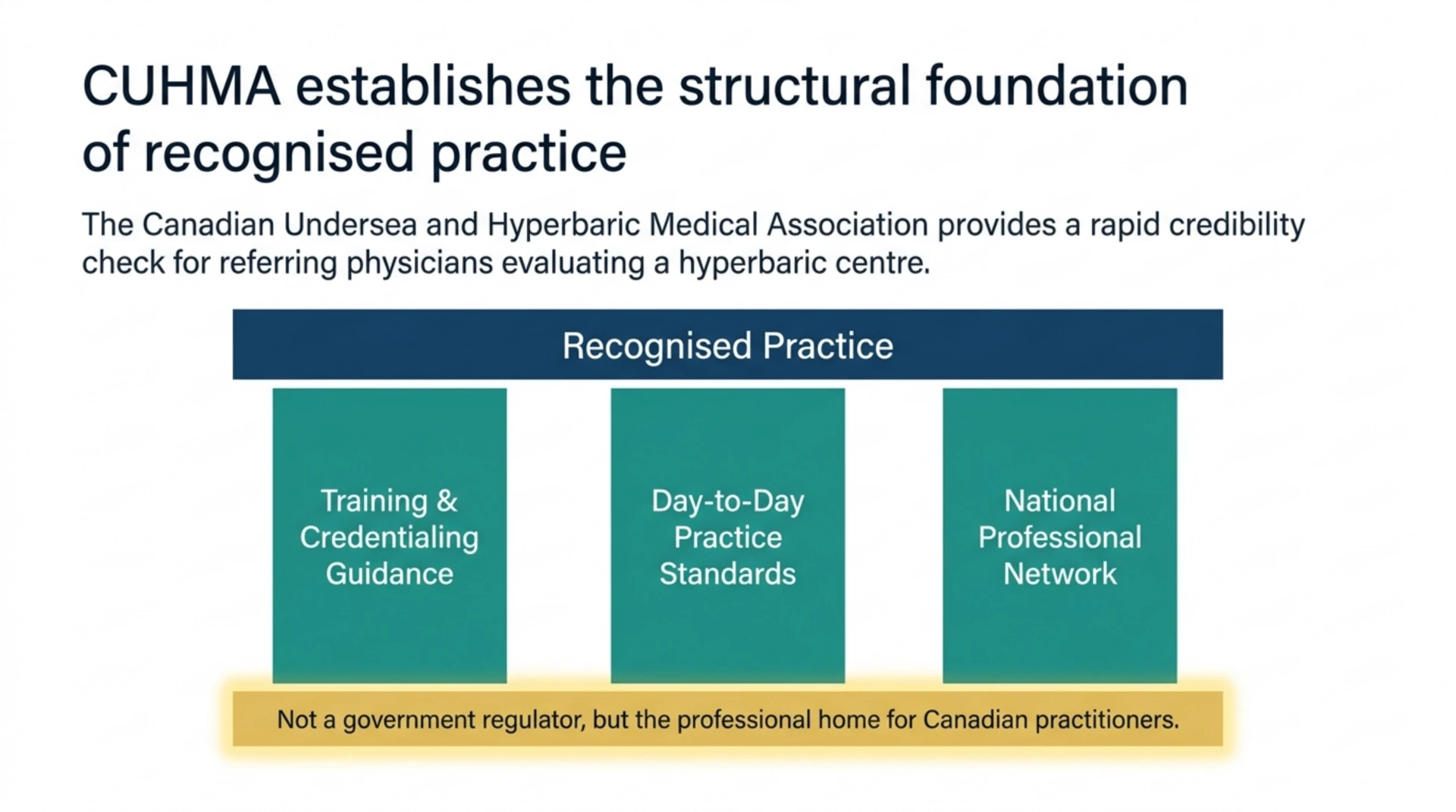 CUHMA's three areas of focus: training and credentialing guidance, day-to-day practice standards, and a national professional network, distinct from being a government regulator.
