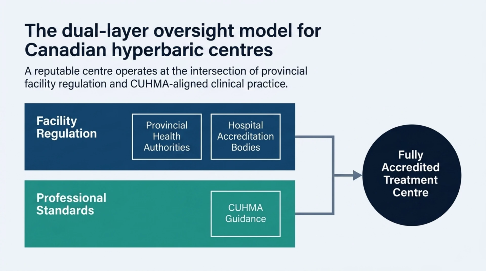 Diagram of the dual-layer oversight model: facility regulation through provincial health authorities and hospital accreditation bodies, alongside CUHMA's professional practice guidance.