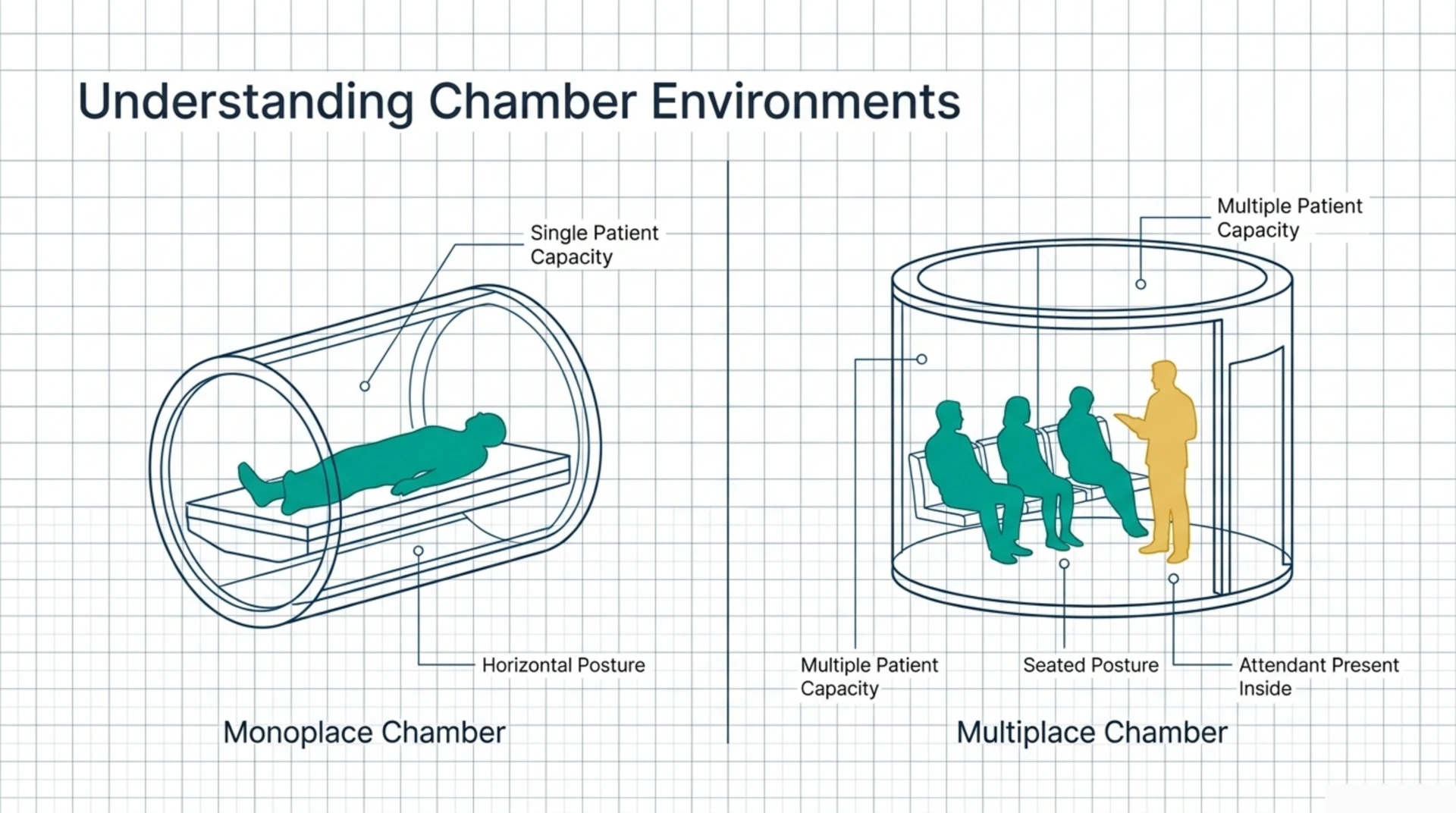 Diagram comparing a monoplace chamber for one patient lying down with a multiplace chamber seating several patients with an attendant