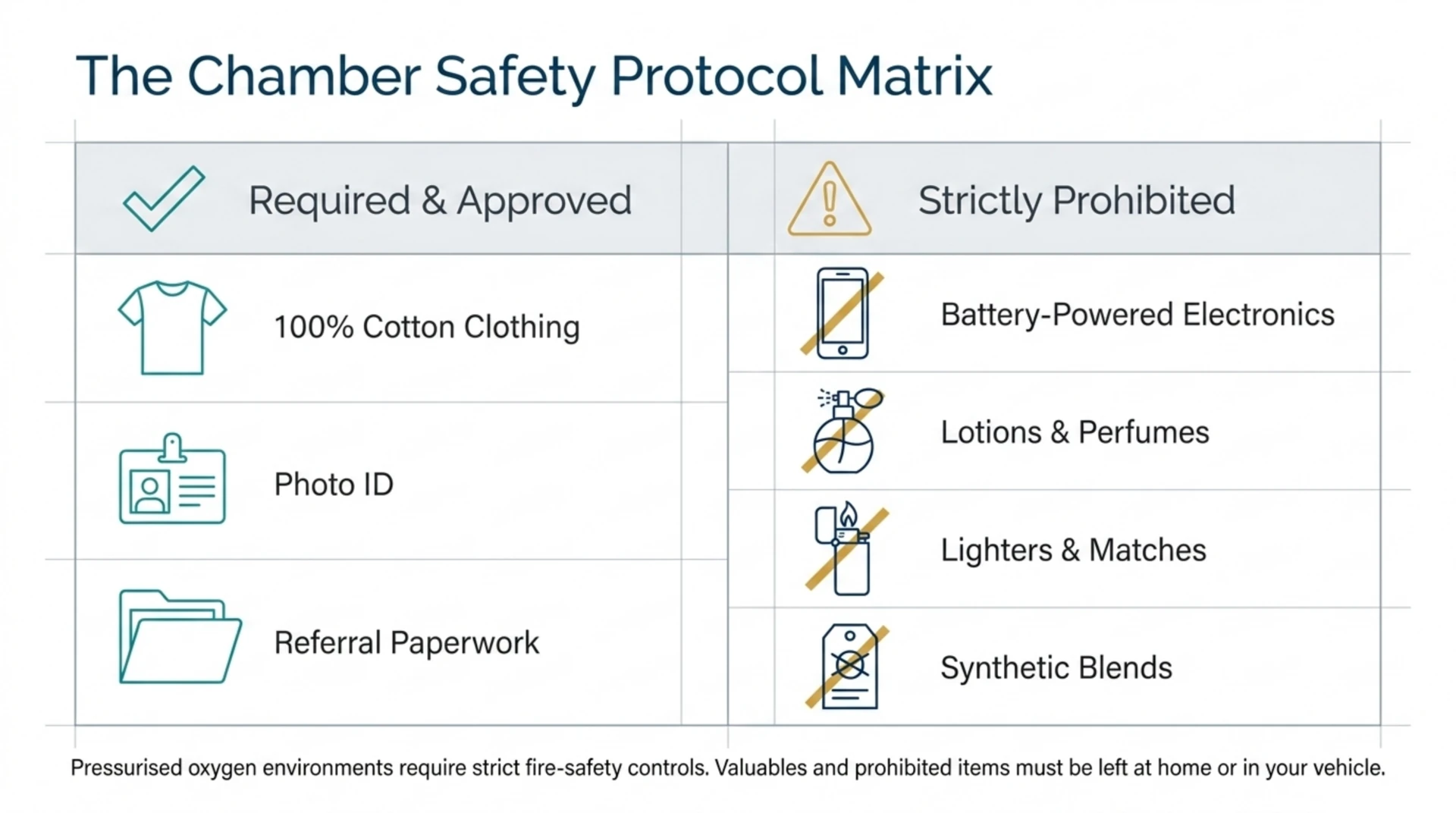 Table of approved items such as cotton clothing, photo ID, and referral paperwork alongside prohibited items such as battery powered electronics, lotions, perfumes, lighters, and synthetic fabrics.
