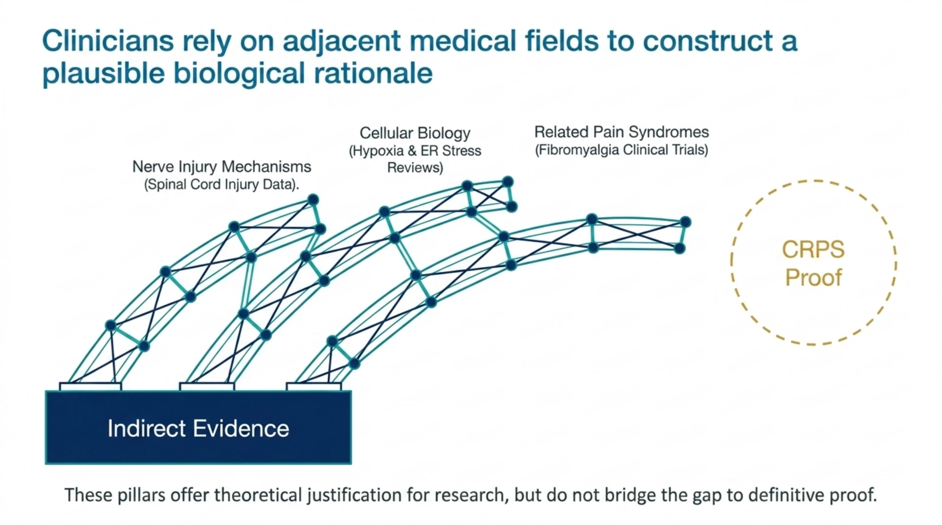 Diagram showing indirect evidence from nerve injury, cellular biology and fibromyalgia trials forming a rationale that stops short of proof for complex regional pain syndrome.