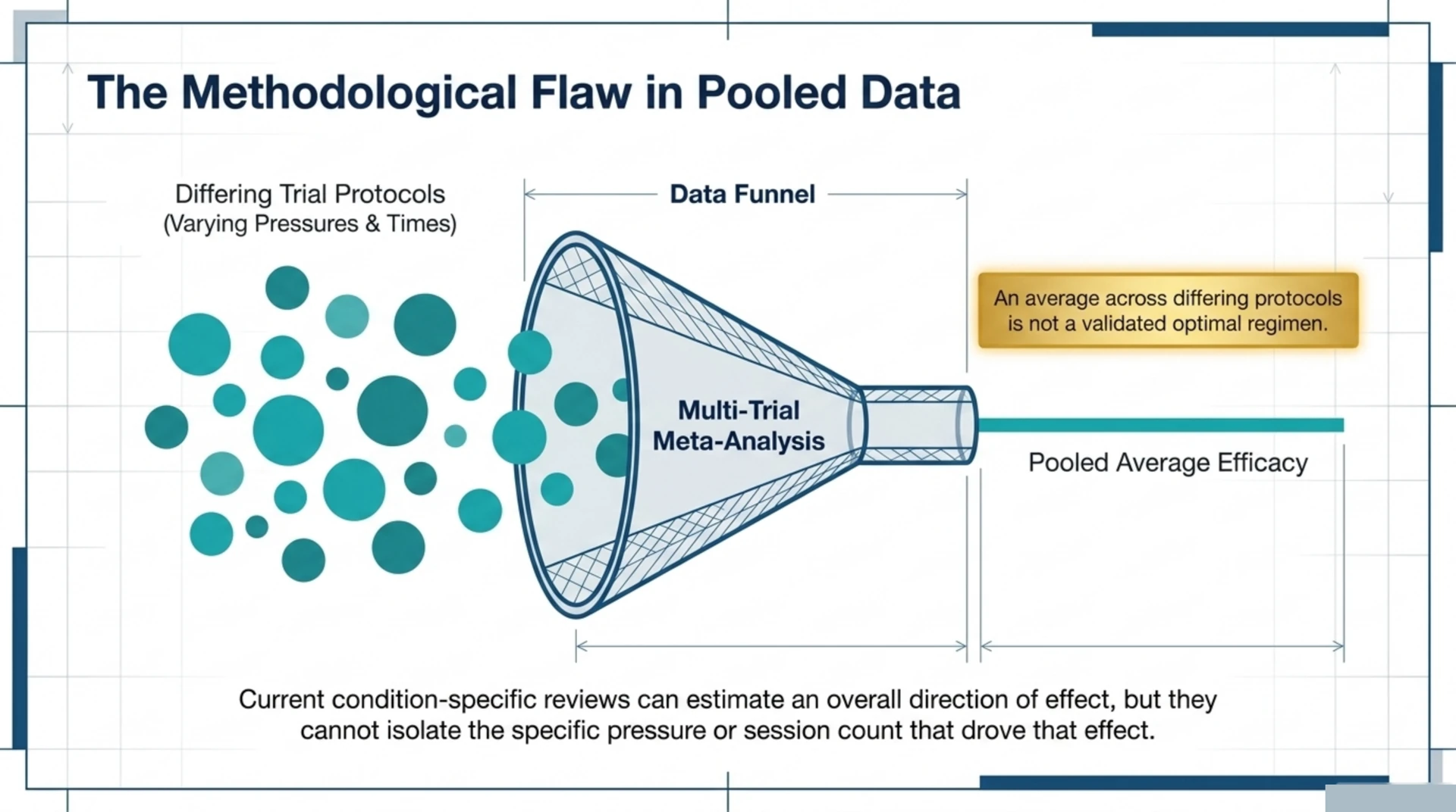 Diagram showing a multi-trial meta-analysis pools differing trial protocols into one average efficacy figure, not a validated optimal regimen.