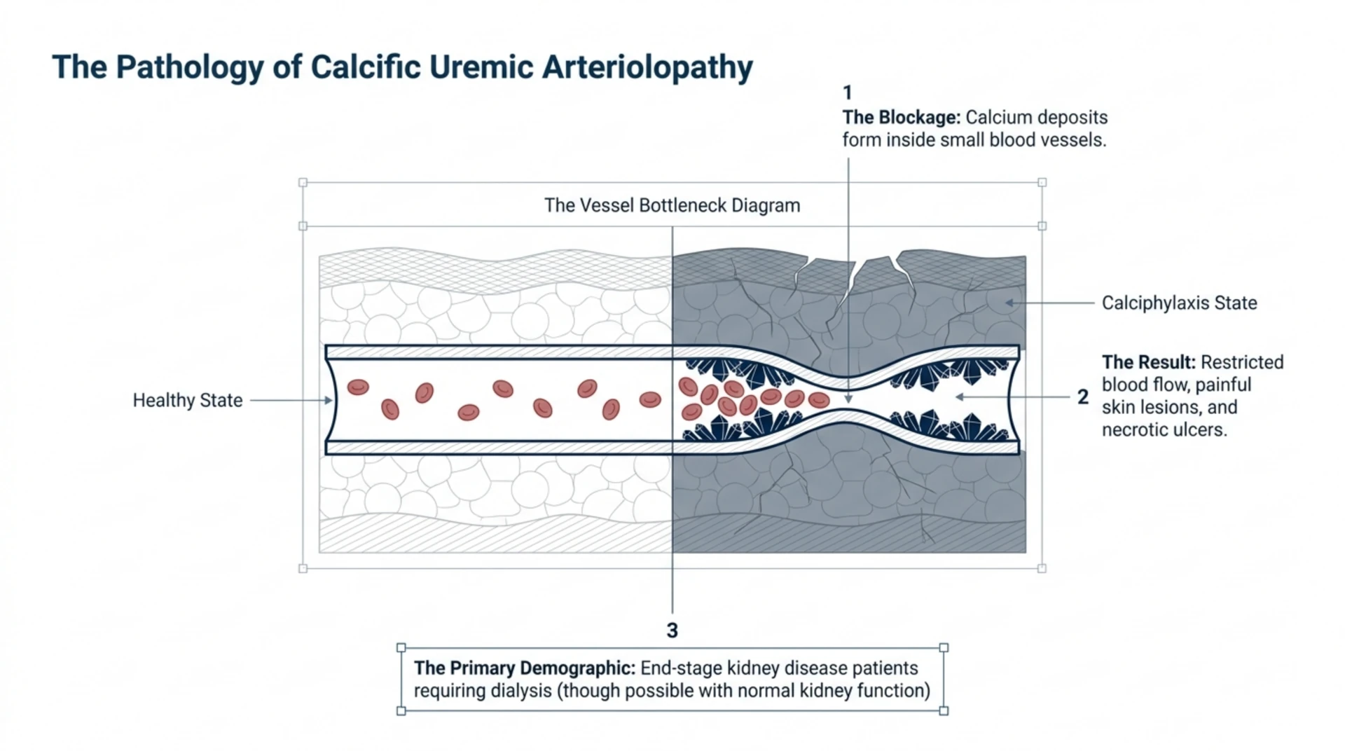 Diagram of calcific uremic arteriolopathy showing calcium deposits narrowing a small blood vessel, restricting flow and causing painful skin lesions, most common in patients with advanced kidney disease on dialysis.