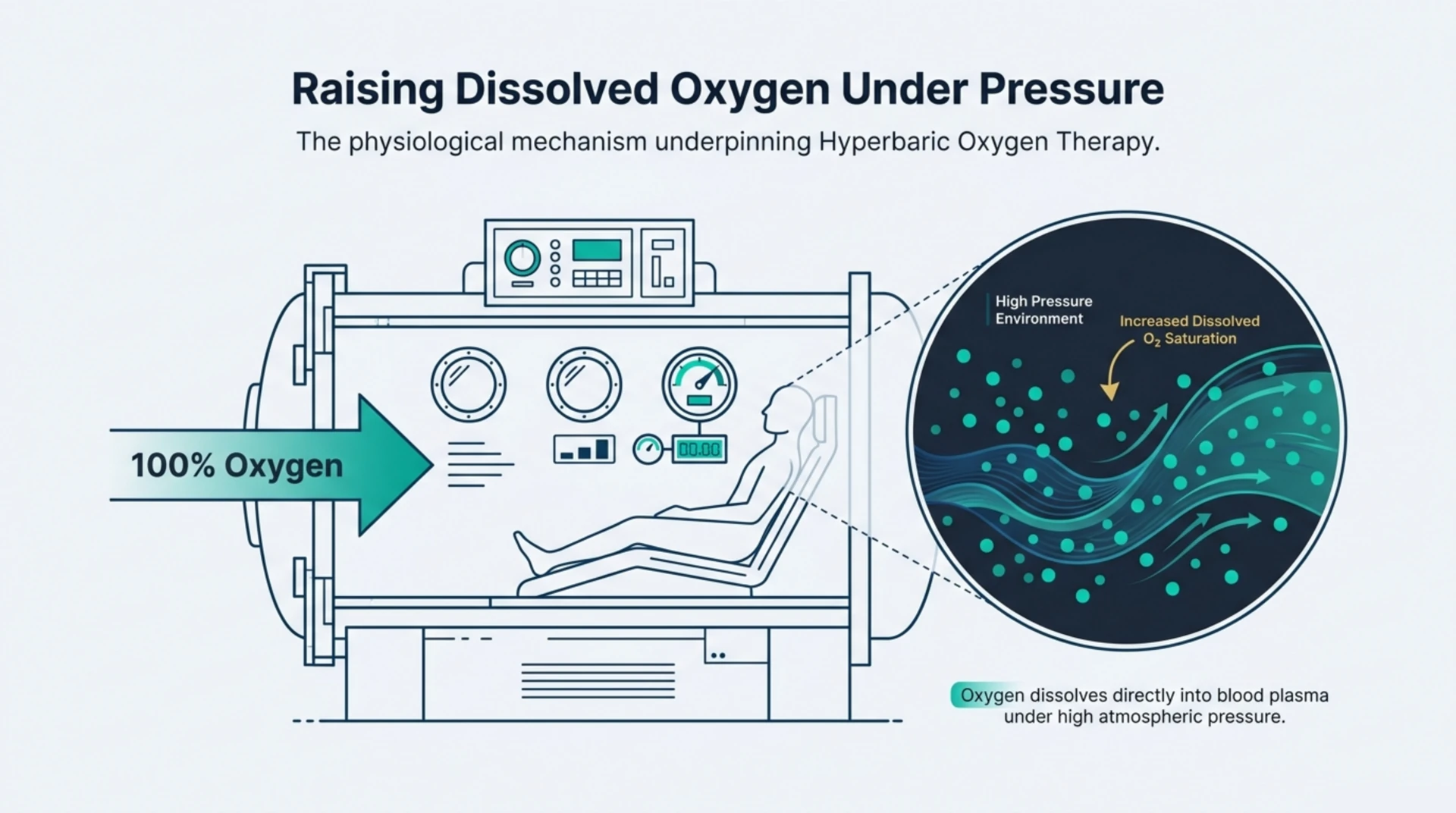 Diagram of oxygen dissolving into blood plasma inside a hyperbaric chamber under pressure.