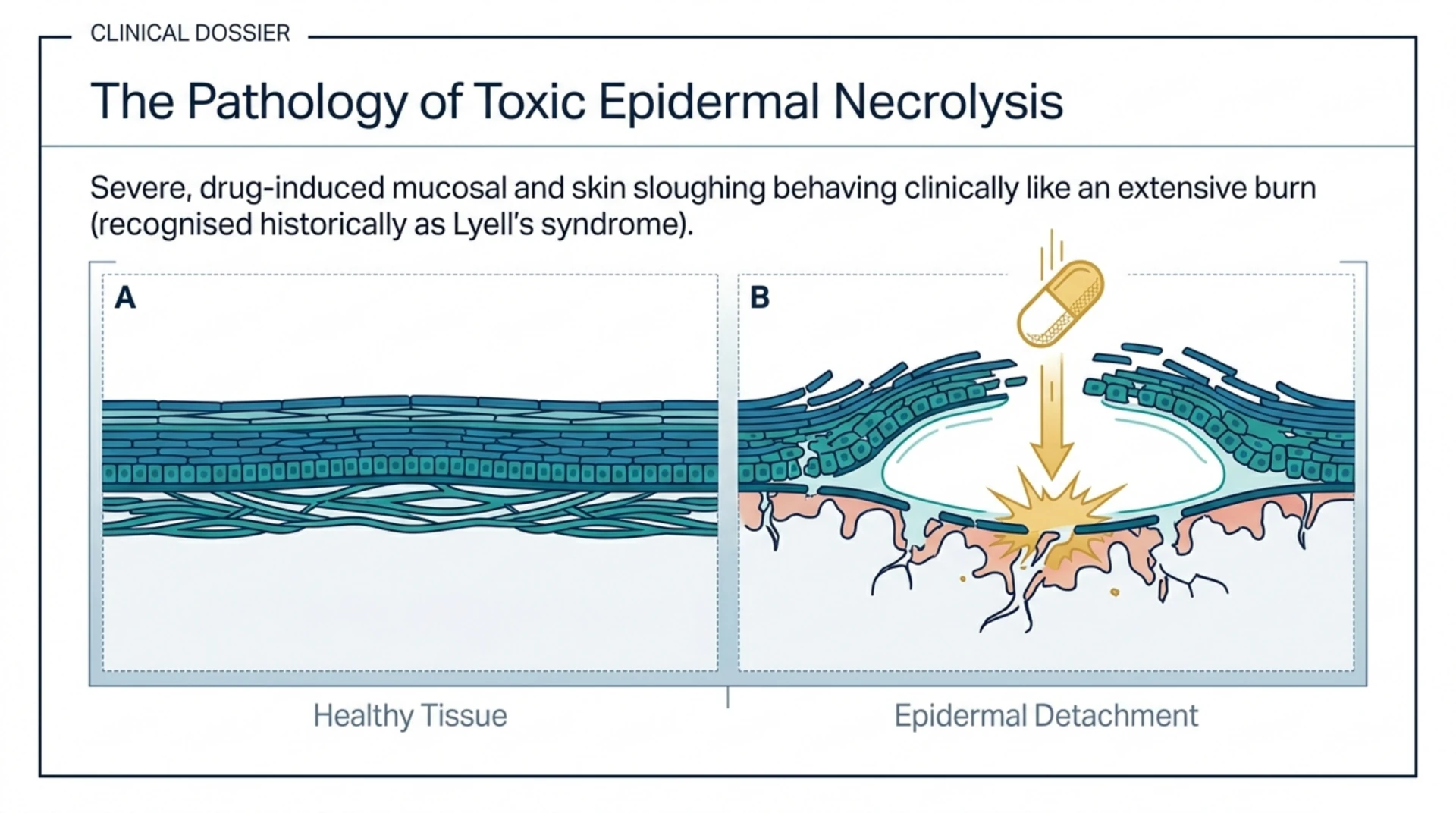 Diagram comparing healthy skin tissue to epidermal detachment in toxic epidermal necrolysis, a drug-triggered reaction that causes skin sloughing.