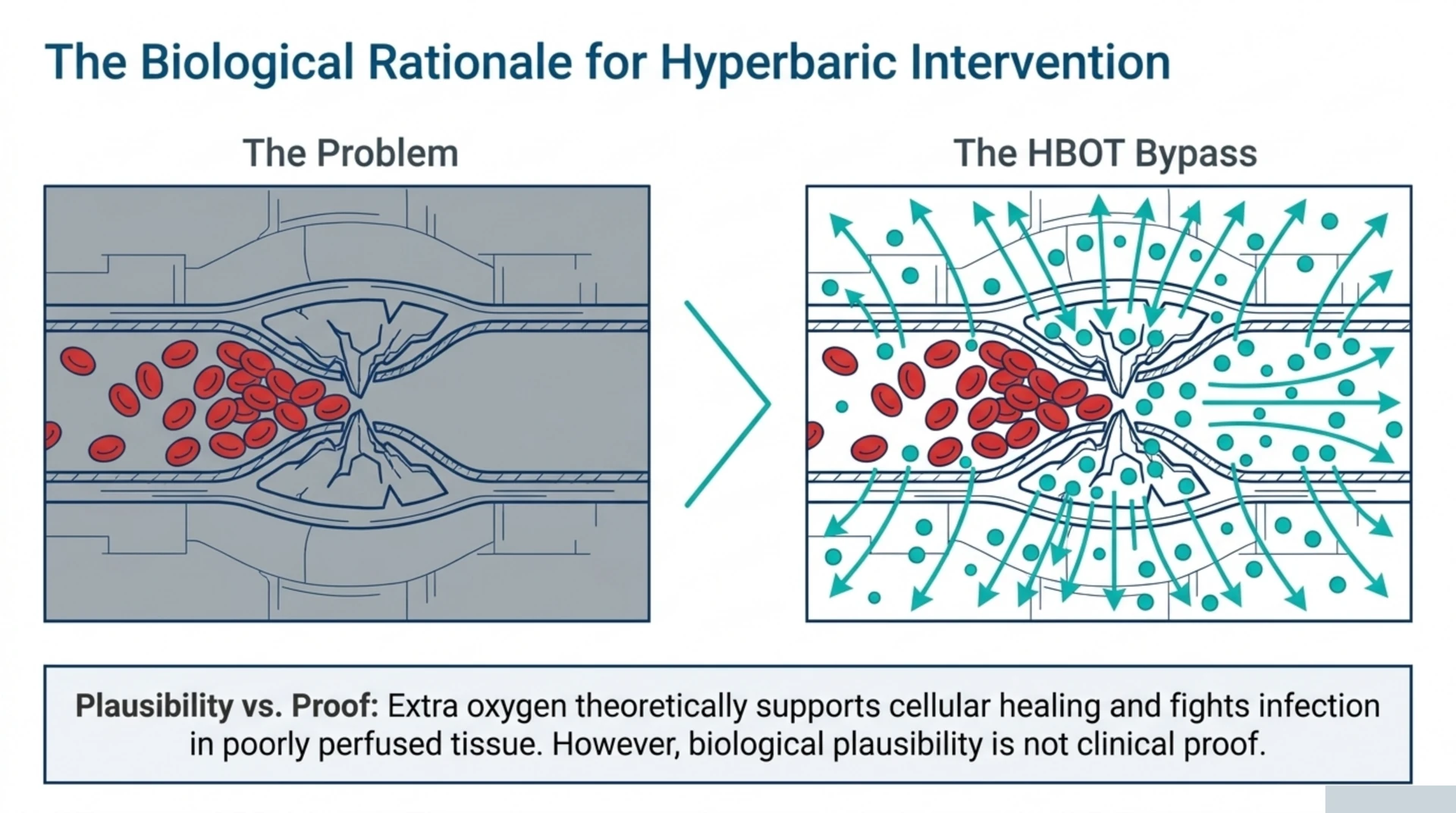 Diagram illustrating the biological rationale for hyperbaric oxygen in poorly perfused tissue: extra dissolved oxygen may support healing, though biological plausibility is not proof.