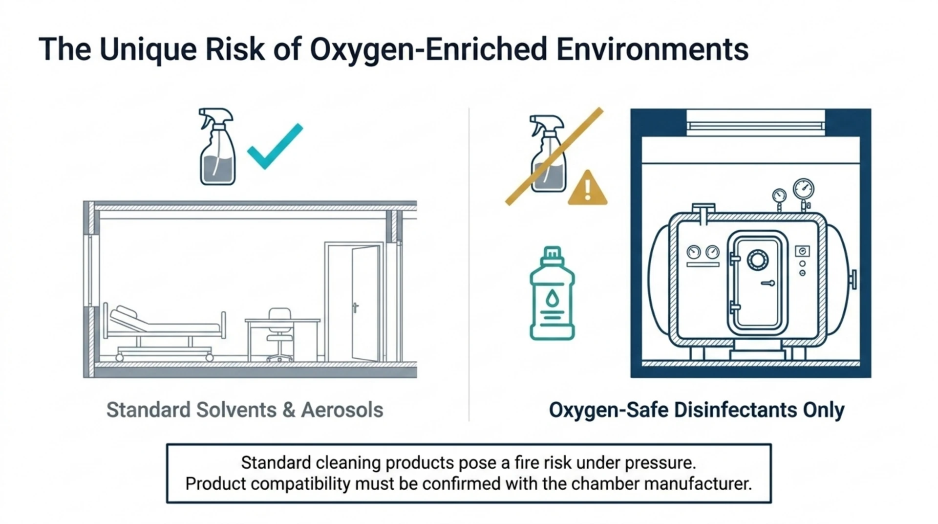 Standard cleaning solvents and aerosols are unsafe inside an oxygen-enriched hyperbaric chamber; only oxygen-safe disinfectants confirmed with the manufacturer should be used there.