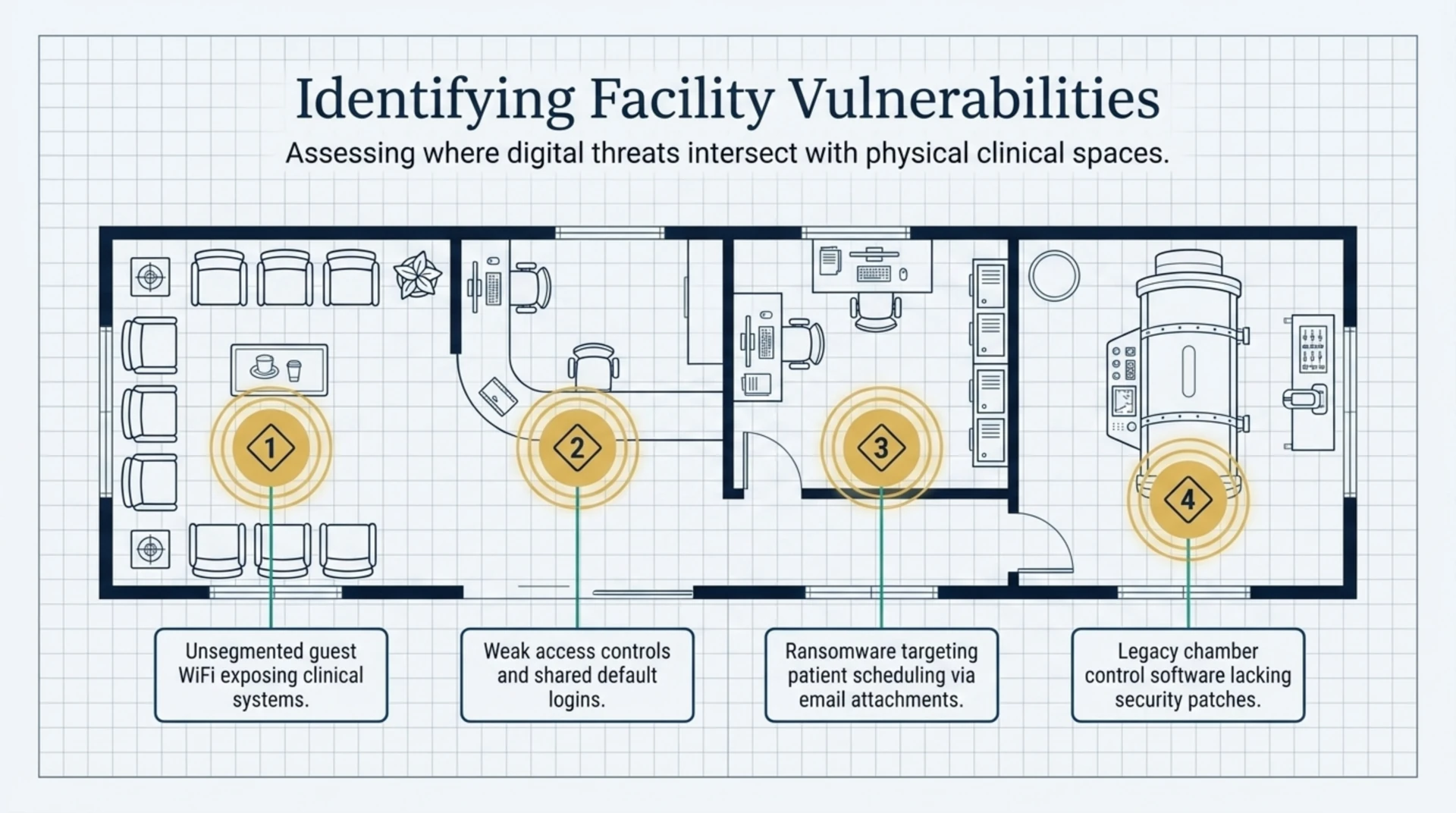 Floor plan highlighting four common clinic cybersecurity vulnerabilities: unsegmented guest WiFi, weak access controls, ransomware risk, and unpatched legacy chamber software.