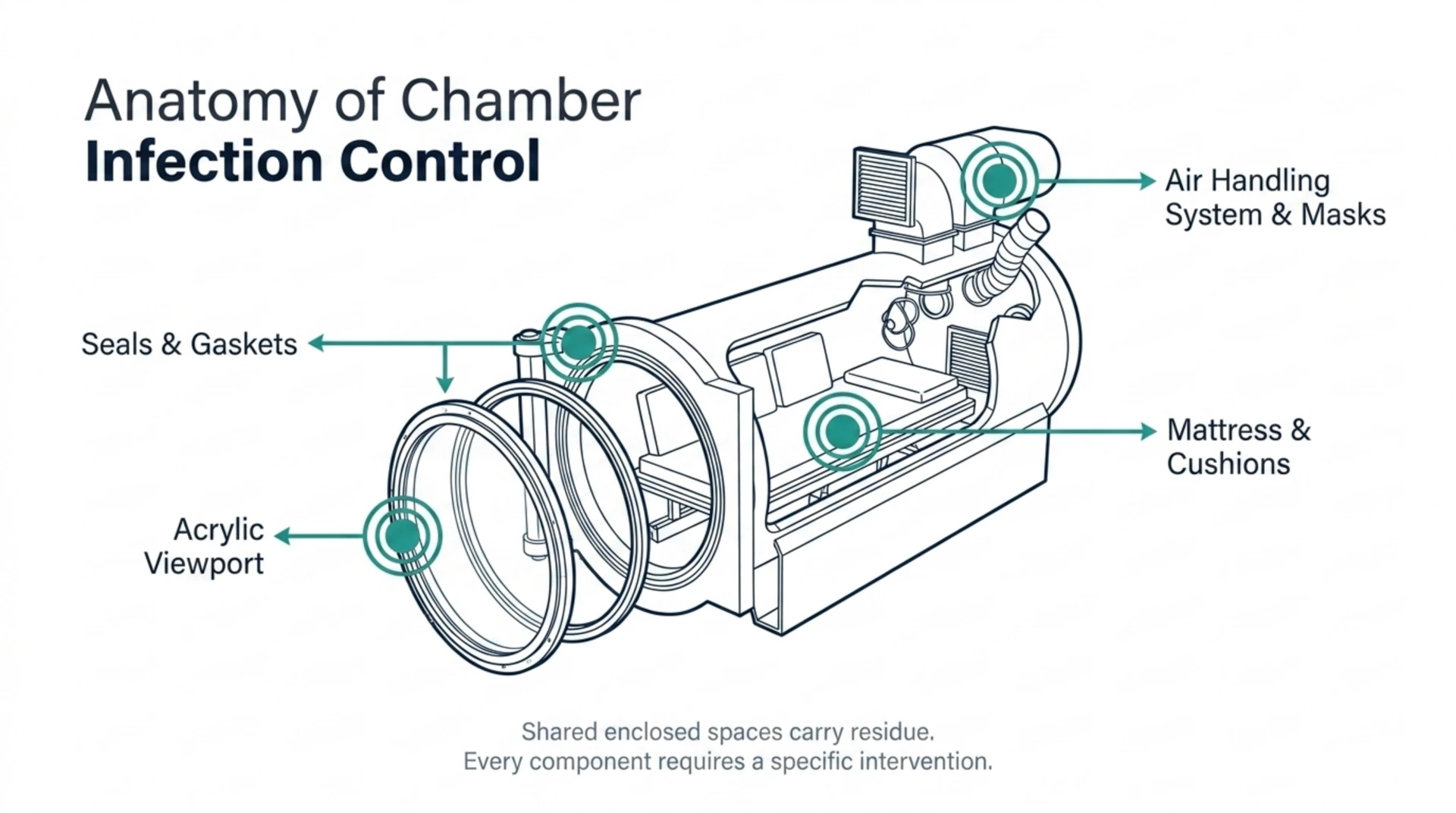 Labelled diagram of a hyperbaric chamber's infection-control touchpoints: acrylic viewport, seals and gaskets, mattress and cushions, and the air handling system and masks.
