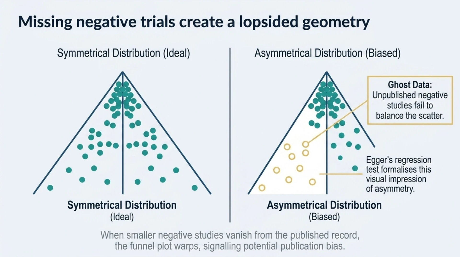 Comparison of a symmetrical funnel plot from unbiased evidence and an asymmetrical funnel plot showing missing negative studies, which Egger's regression test can help detect.