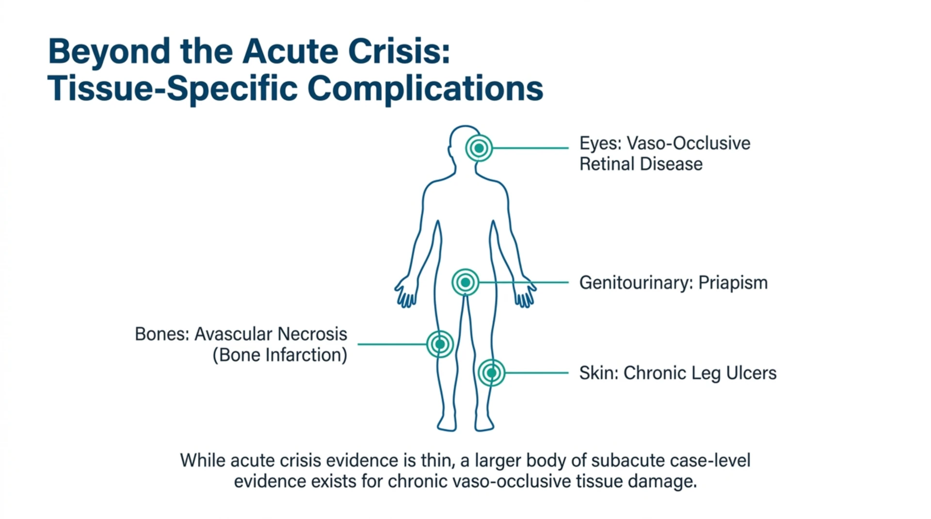 Body diagram showing sickle cell complications discussed in case reports: eyes (retinal vaso-occlusion), bones (avascular necrosis), skin (chronic leg ulcers), and priapism