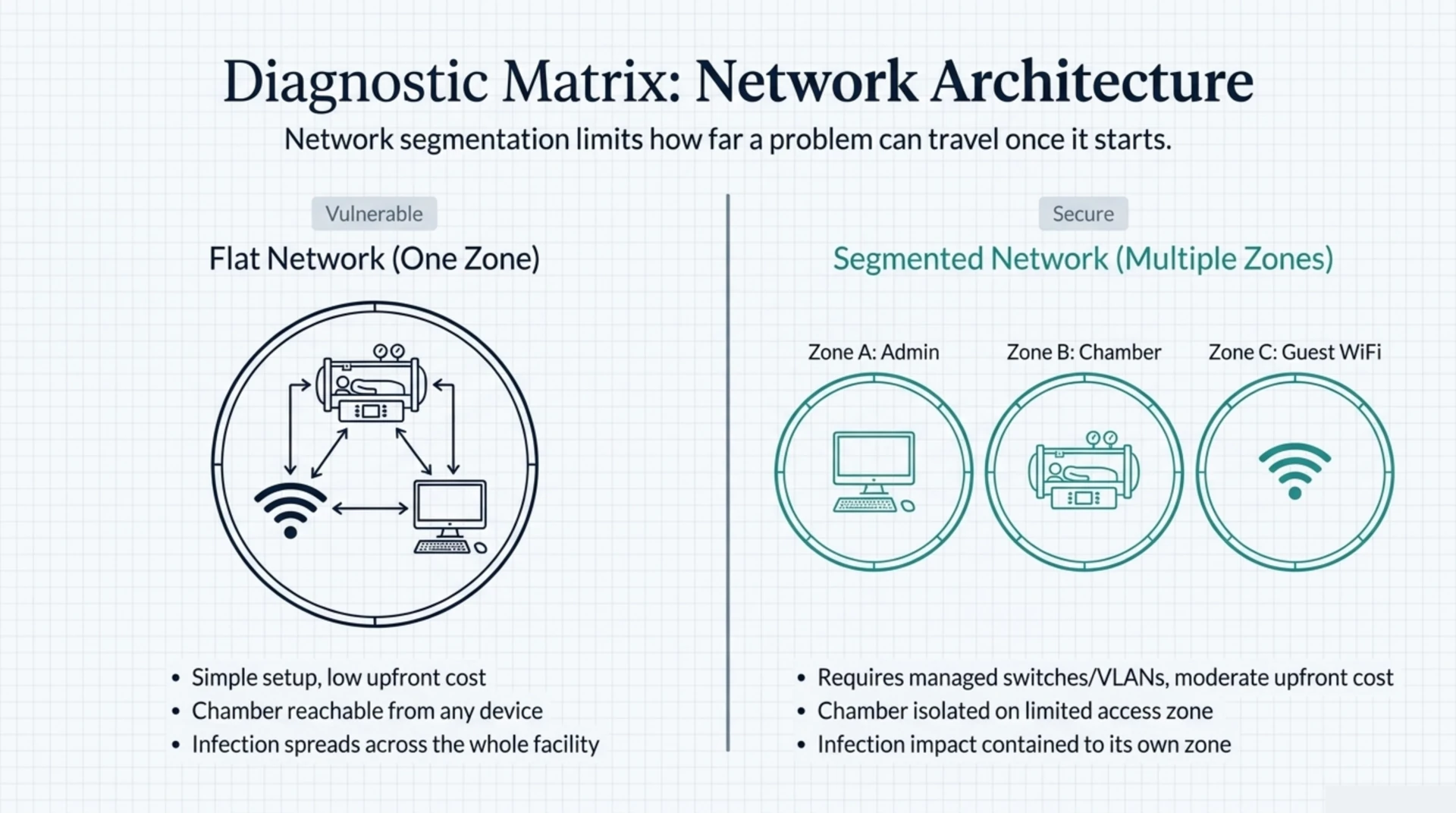 Comparison of a flat clinic network, where the chamber is reachable from any device, against a segmented network with separate admin, chamber, and guest WiFi zones.