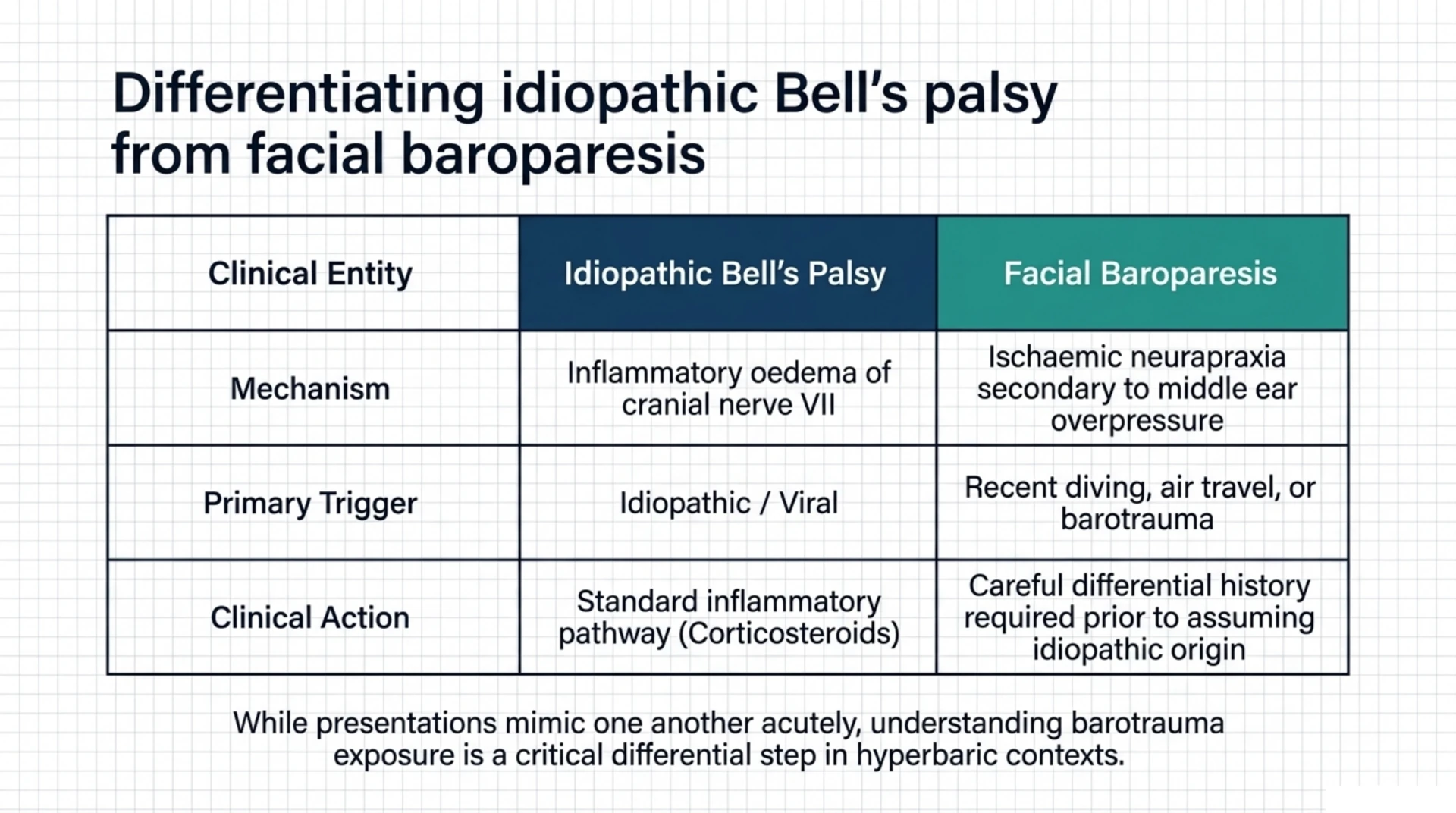 Comparison table differentiating idiopathic Bell's palsy from facial baroparesis by mechanism, trigger, and clinical action