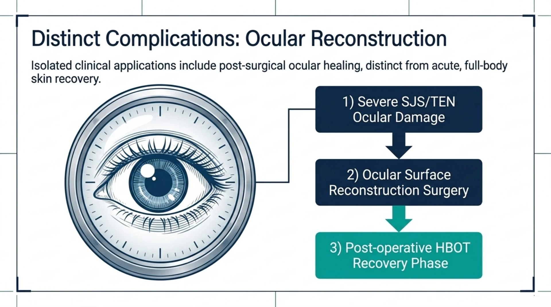 Diagram of a 2023 case report describing hyperbaric oxygen used after ocular surface reconstruction surgery for eye damage from Stevens-Johnson syndrome and toxic epidermal necrolysis.