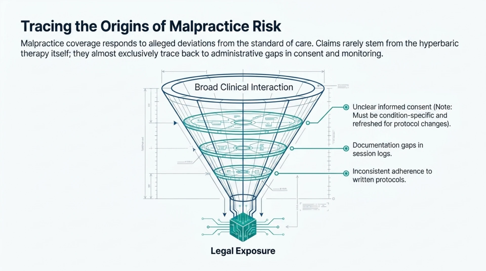 Funnel diagram tracing malpractice risk from broad clinical interaction down to three administrative gaps: unclear informed consent, documentation gaps in session logs, and inconsistent adherence to written protocols, leading to legal exposure.