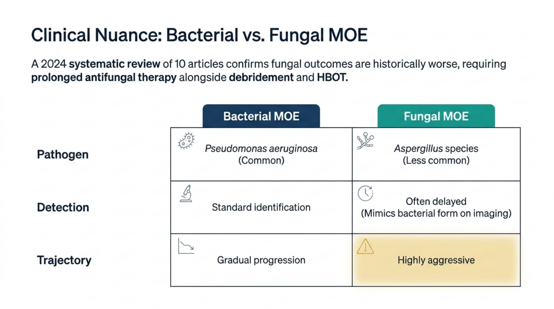 Comparison table of bacterial versus fungal malignant otitis externa, based on a 2024 systematic review of 10 articles, showing differences in causative pathogen, diagnostic delay, and disease trajectory.