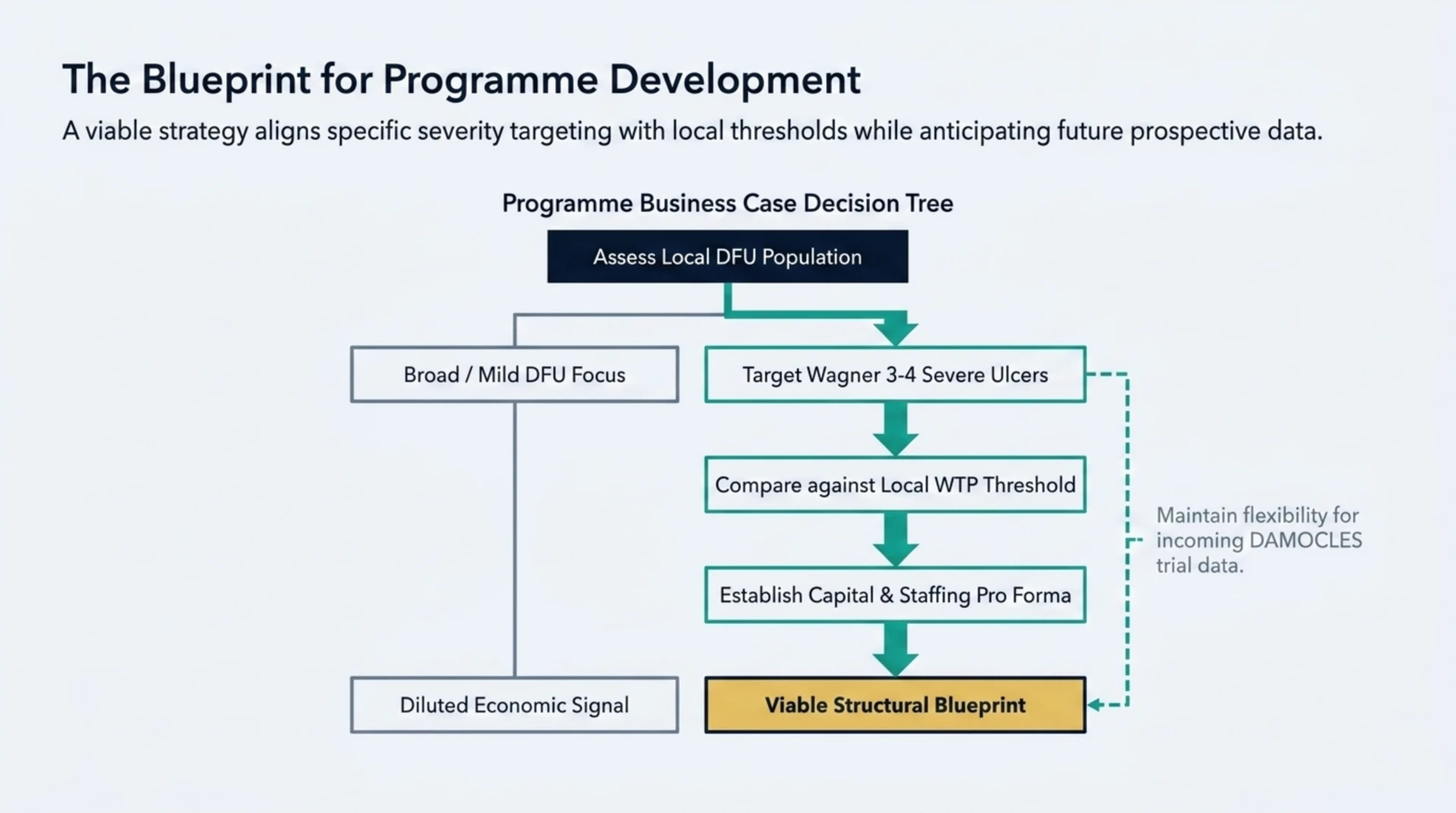 Decision tree for a DFU programme business case, comparing a broad or mild DFU focus that dilutes the economic signal against targeting severe Wagner grade 3 to 4 ulcers through to a viable structural blueprint.