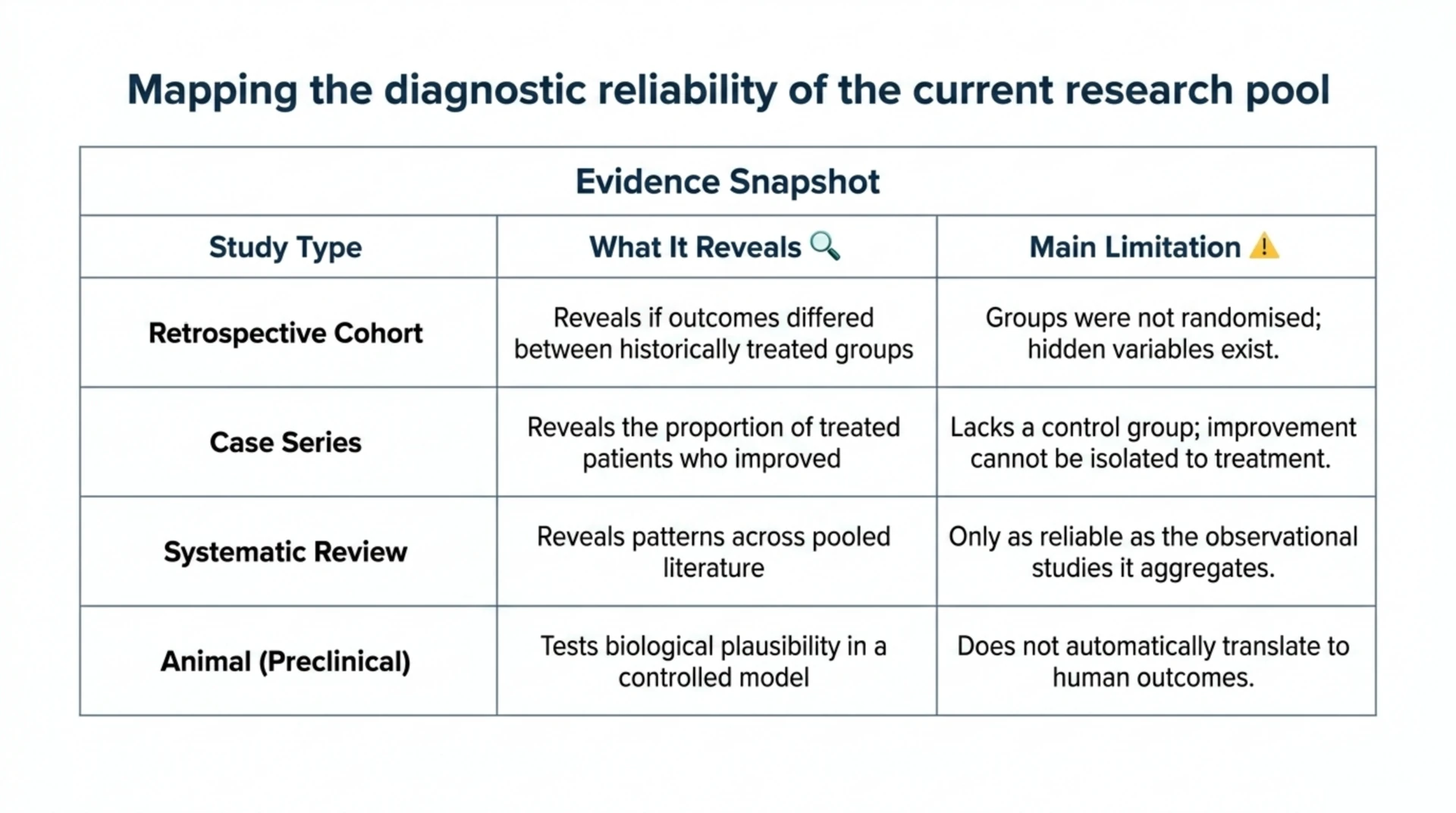 Table summarising four study types in this evidence base and what each can and cannot tell us: retrospective cohort, case series, systematic review and animal study.