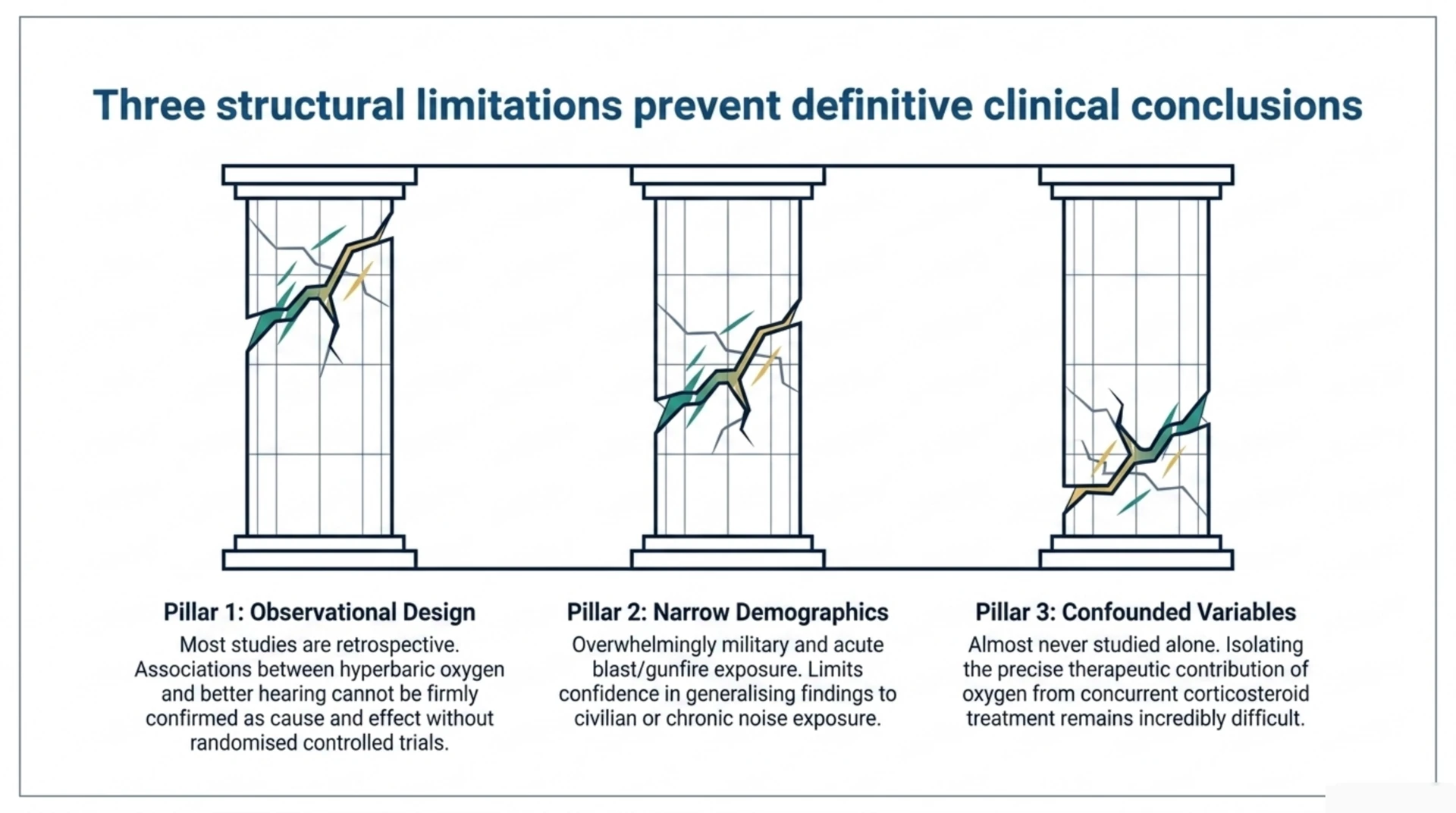 Three pillars illustrating the evidence's structural limitations: observational study design, narrow military demographics and confounded corticosteroid co-treatment.