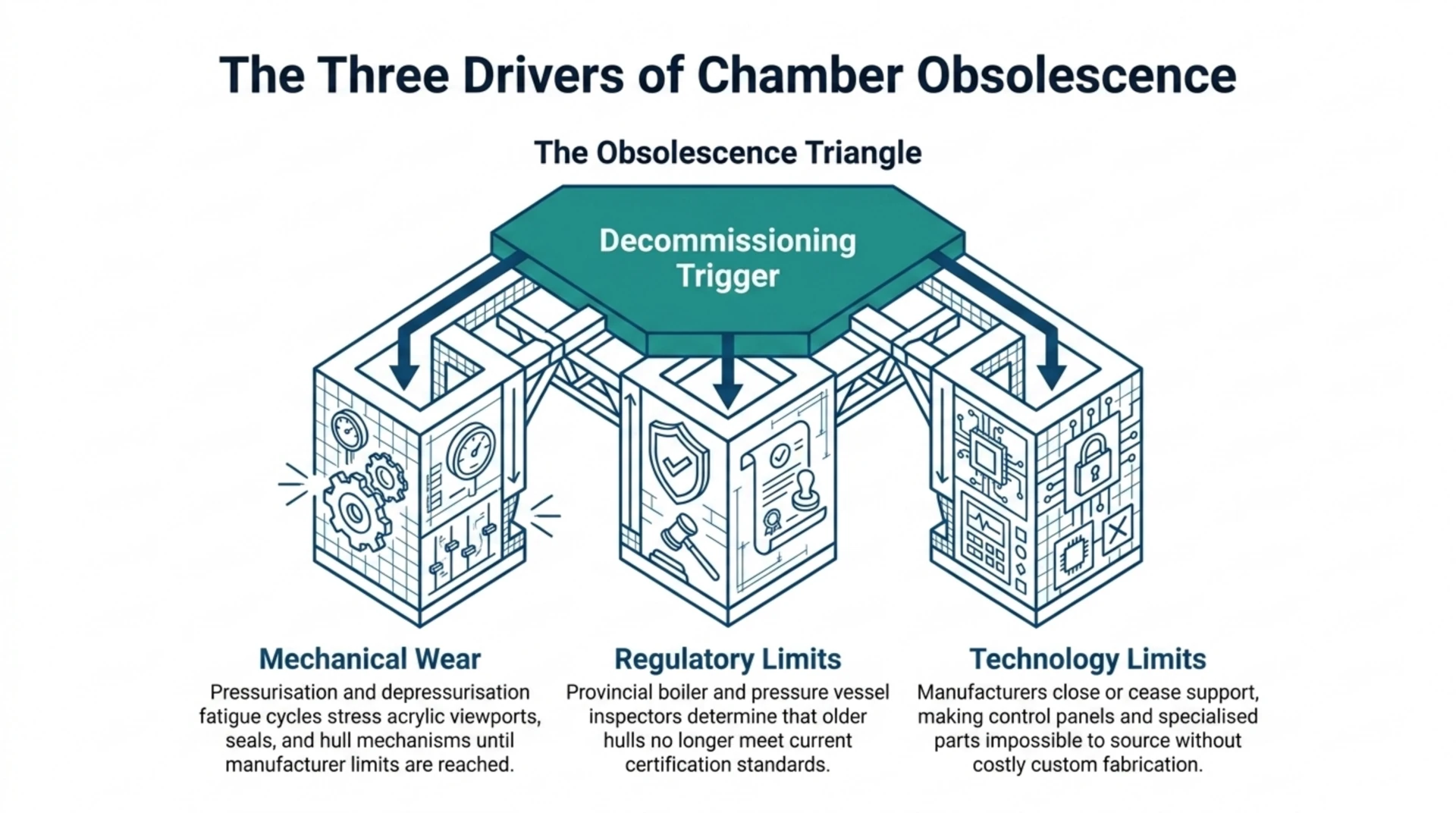 Diagram of the three drivers of chamber obsolescence: mechanical wear, regulatory limits and technology limits, each leading to a decommissioning trigger.