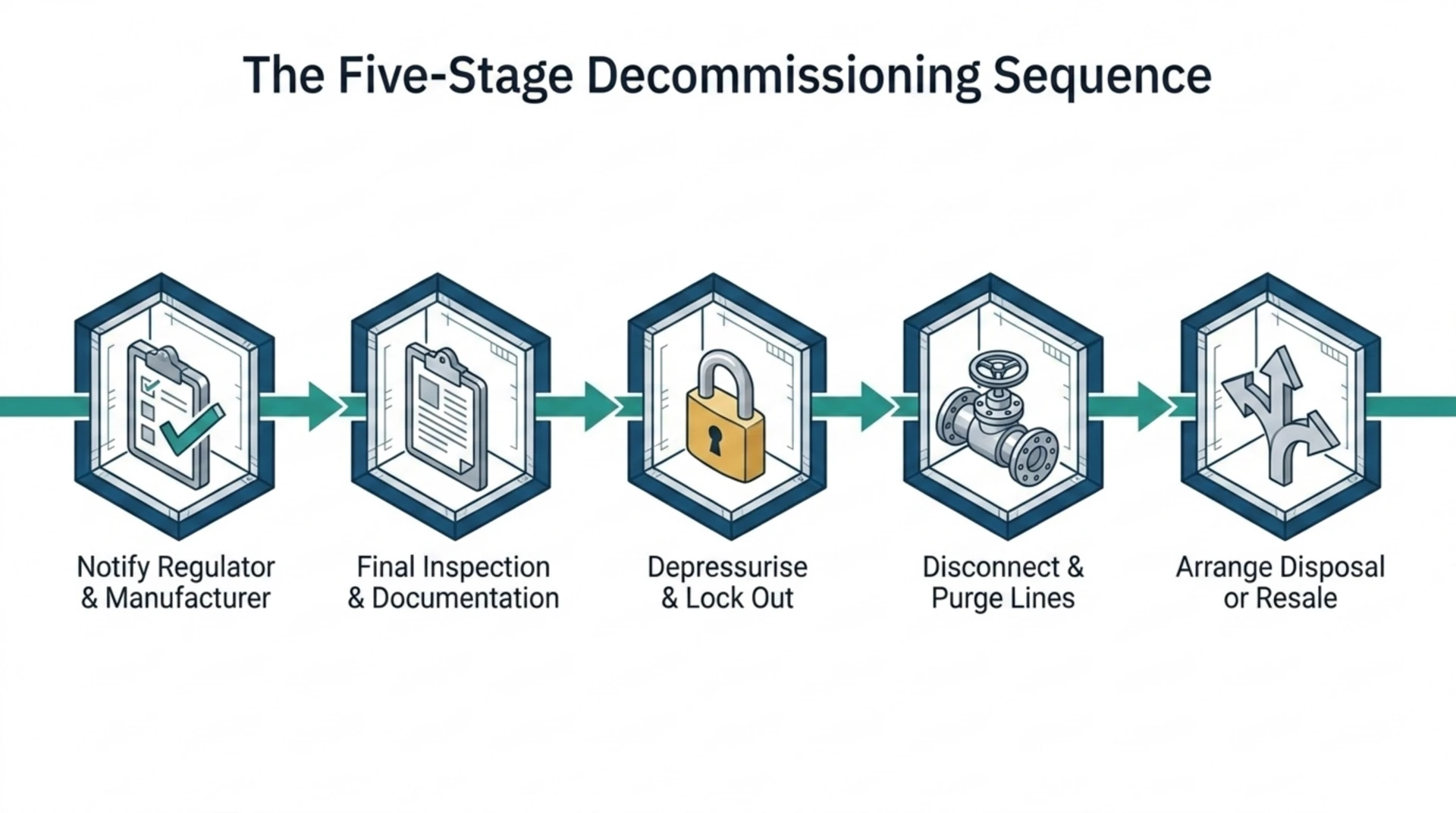 Five-stage decommissioning sequence: notify regulator and manufacturer, final inspection and documentation, depressurise and lock out, disconnect and purge lines, then arrange disposal or resale.