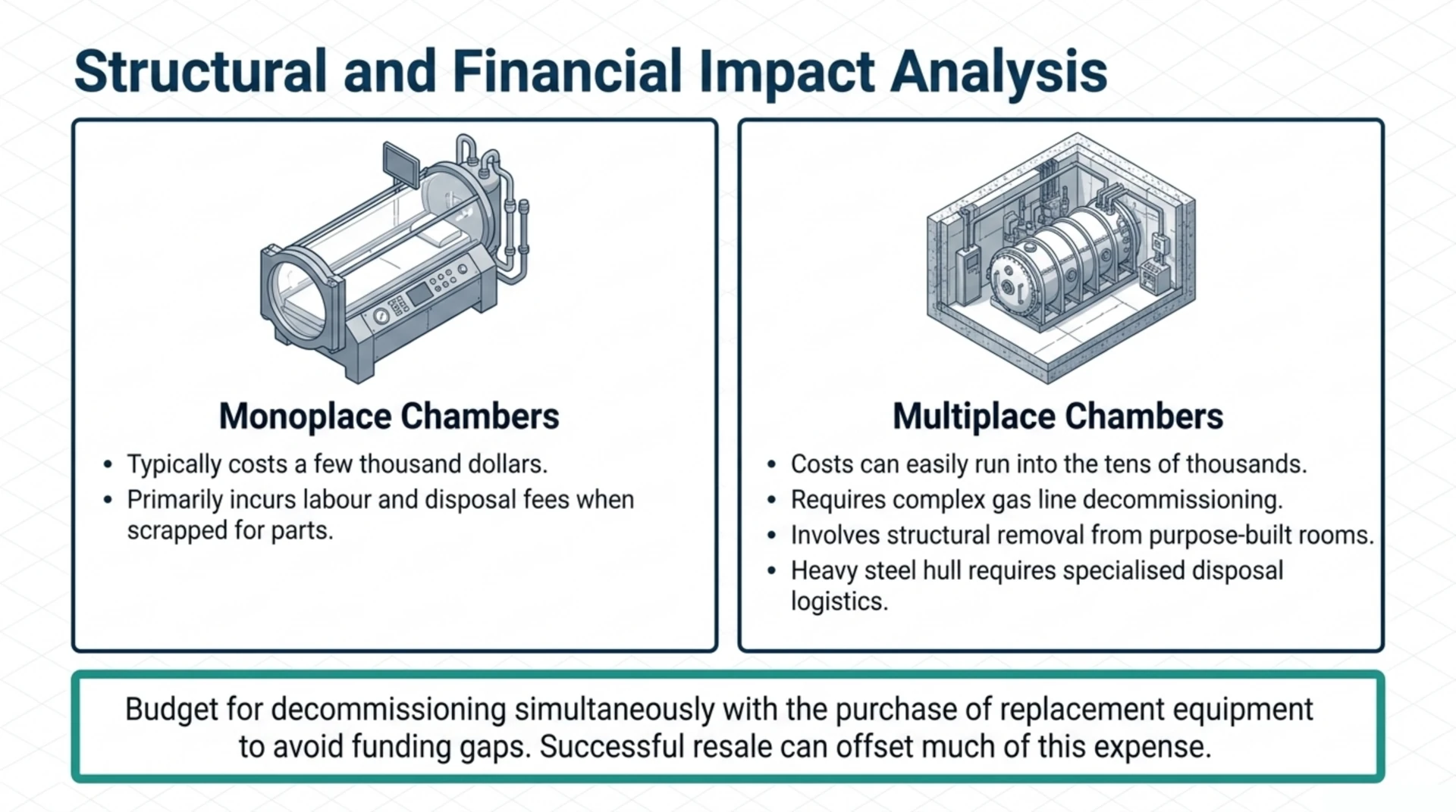 Comparison of decommissioning costs and complexity between monoplace and multiplace chambers.