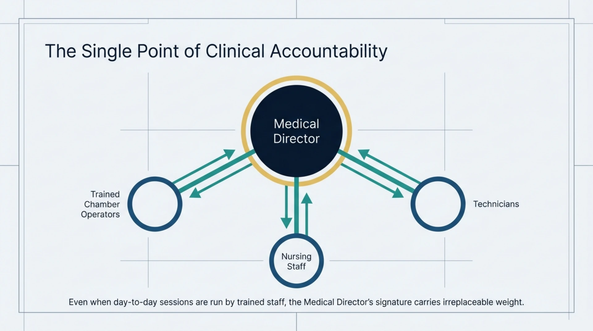 Diagram showing the medical director as the single point of clinical accountability above chamber operators, technicians and nursing staff