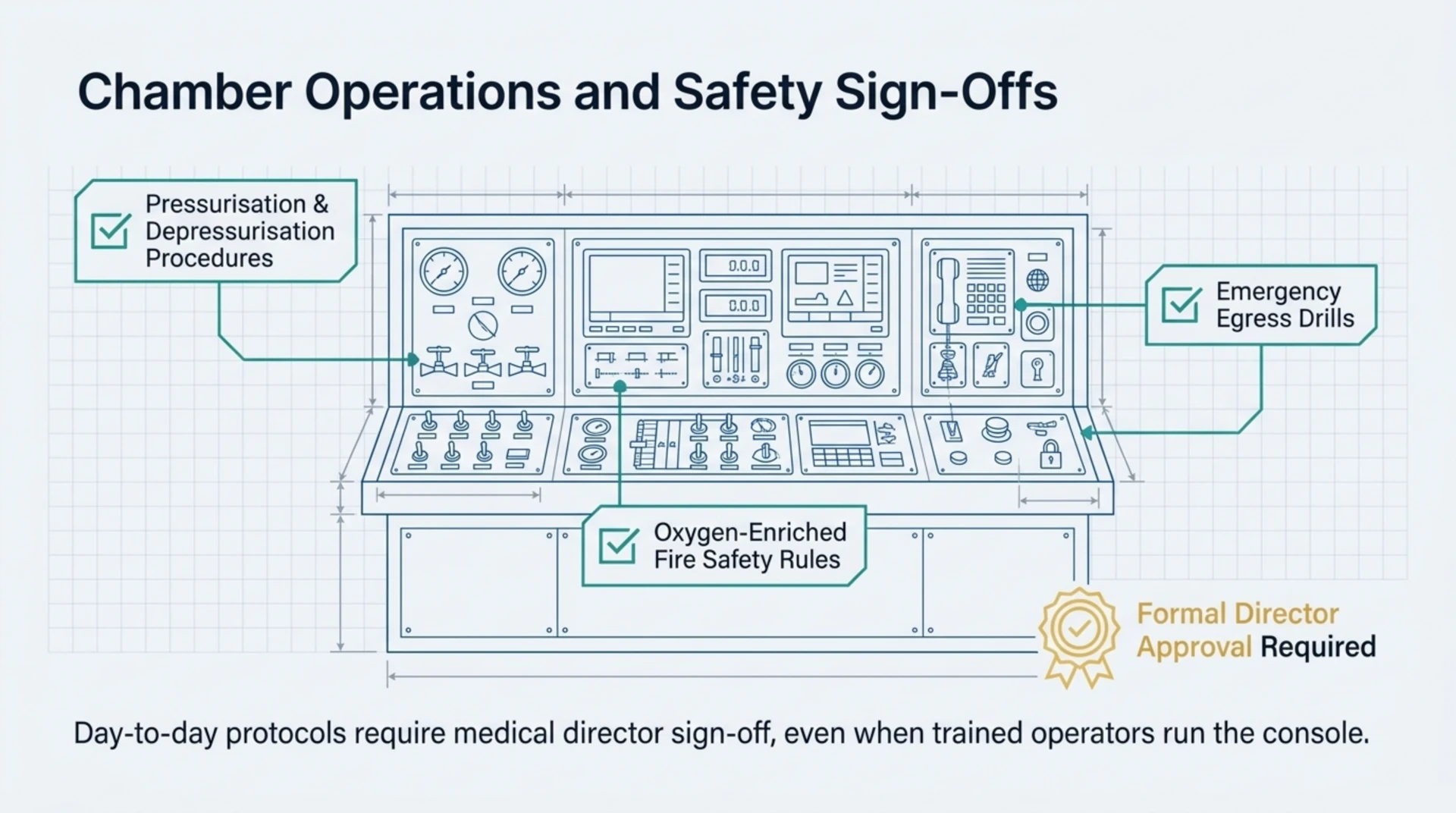 Diagram of a hyperbaric chamber console showing safety protocols requiring medical director sign-off