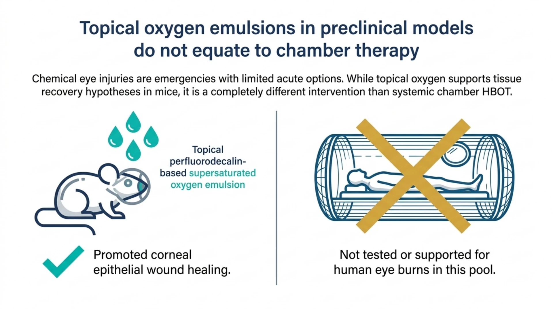 Side-by-side comparison: a topical oxygen emulsion tested in mice for chemical eye injury, versus chamber HBOT, which is