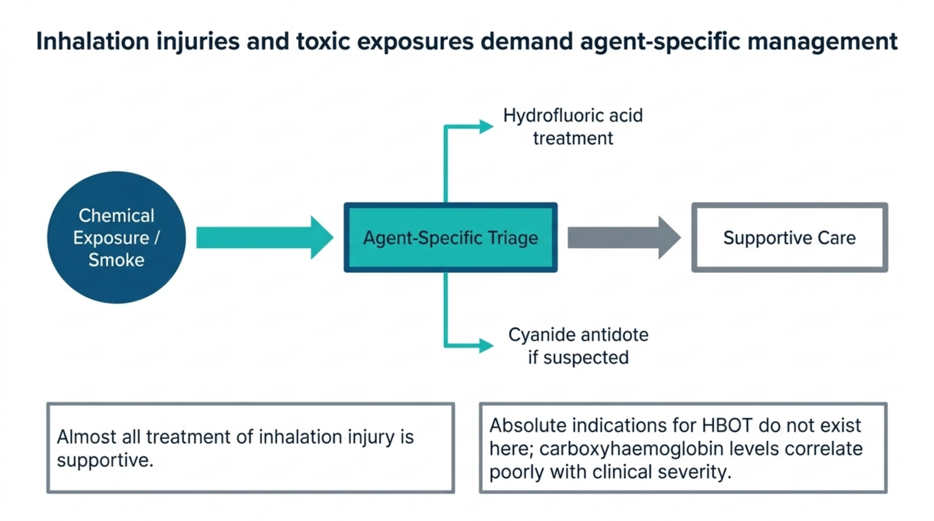 Flow diagram: chemical exposure or smoke leads to agent-specific triage, with hydrofluoric acid treatment, a cyanide ant