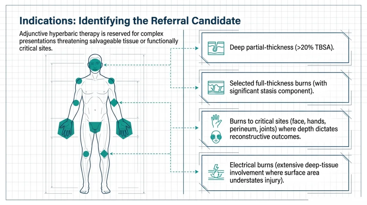 Body diagram with four referral criteria for adjunctive hyperbaric oxygen in thermal burns: deep partial-thickness burns over about 20 percent of total body surface area, selected full-thickness burns with a significant zone-of-stasis component, burns to functionally critical sites such as the face, hands, perineum, and joints where depth dictates reconstructive outcomes, and electrical burns with extensive deep-tissue involvement where surface area understates the injury.