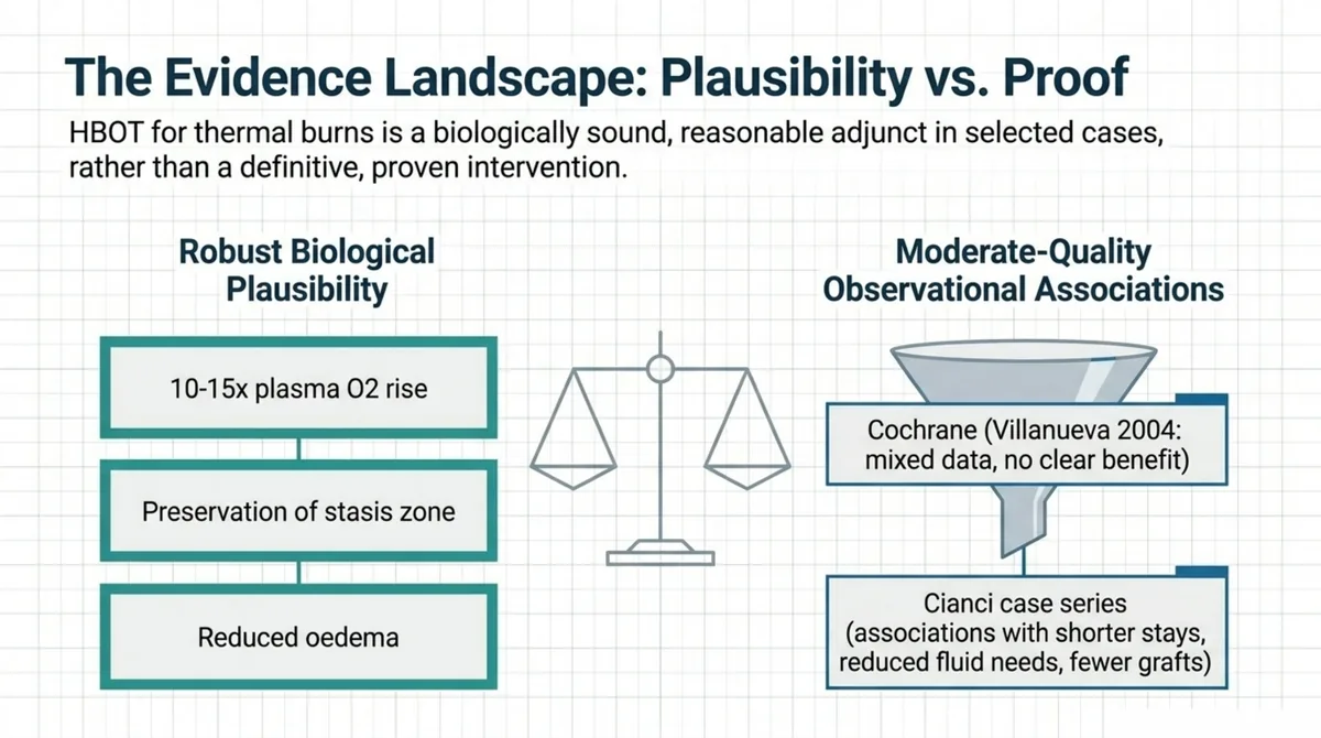 Balance-scale comparison contrasting robust biological plausibility with moderate-quality observational associations. The plausibility column lists a 10- to 15-fold rise in plasma oxygen, preservation of the zone of stasis, and reduced oedema. The associations column notes the Cochrane review by Villanueva and colleagues in 2004, which found mixed data and no clear benefit, and the Cianci case series, which reported associations with shorter stays, reduced fluid needs, and fewer grafts.
