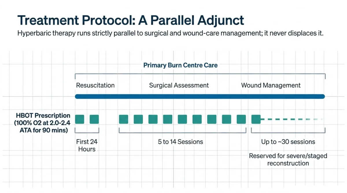Timeline showing hyperbaric oxygen running strictly parallel to primary burn-centre care across resuscitation, surgical assessment, and wound management. The hyperbaric prescription is 100 percent oxygen at 2.0 to 2.4 ATA for 90 minutes: about two sessions in the first 24 hours, then a typical course of 5 to 14 sessions, with up to roughly 30 sessions reserved for severe or staged reconstruction.