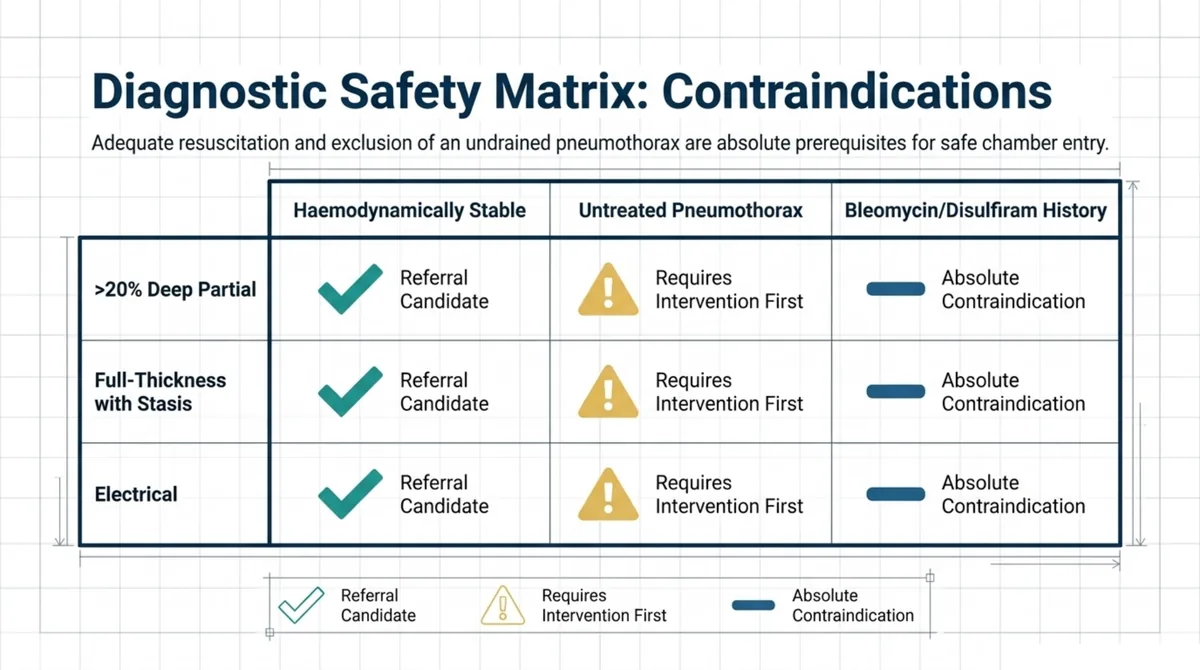 Safety matrix showing that adequate resuscitation and exclusion of an undrained pneumothorax are prerequisites for chamber entry. For each burn type, namely deep partial-thickness over 20 percent, full-thickness with stasis, and electrical, a haemodynamically stable patient is a referral candidate, an untreated pneumothorax requires intervention first, and a history of concurrent bleomycin or disulfiram is an absolute contraindication.