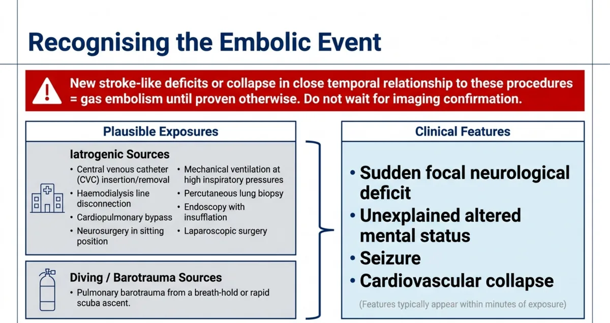 Diagram of plausible exposures and clinical features of arterial gas embolism, with iatrogenic and diving sources on the left and neurological features on the right.