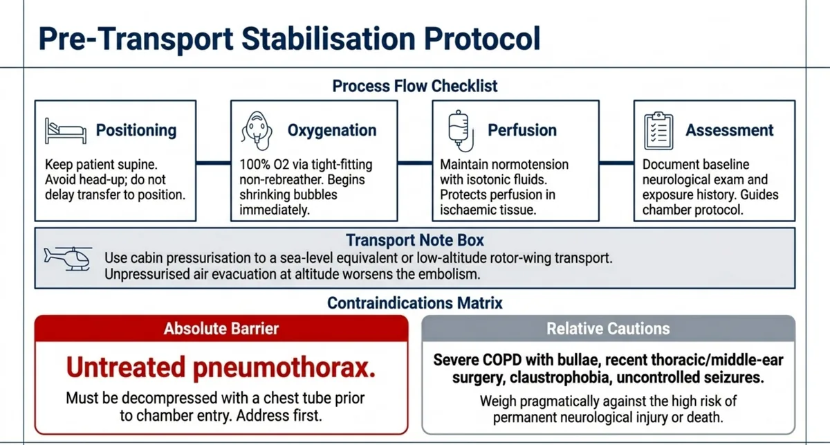 Four-step pre-transport stabilisation flow plus a contraindications matrix for air or gas embolism.