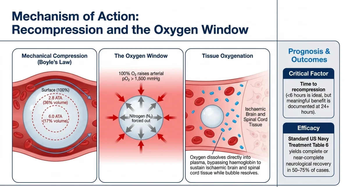 Three-panel mechanism diagram of recompression and the oxygen window, with a prognosis and outcomes sidebar.