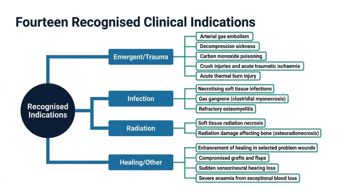 Branching diagram of the fourteen recognised indications for hyperbaric oxygen therapy, grouped into emergent and trauma, infection, radiation injury, and wound-healing categories.