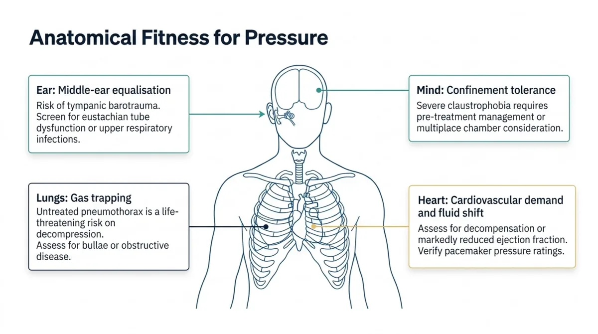 Body map showing the four systems screened for fitness for pressure: the ears for middle-ear equalisation, the lungs for gas trapping, the heart for cardiovascular demand, and tolerance of confinement.