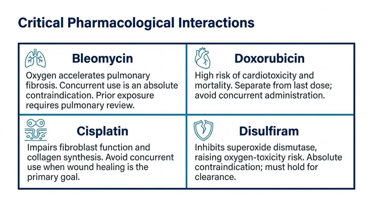 Four-panel grid of the medications that interact critically with hyperbaric oxygen: bleomycin, doxorubicin, cisplatin, and disulfiram, each with its mechanism of concern.