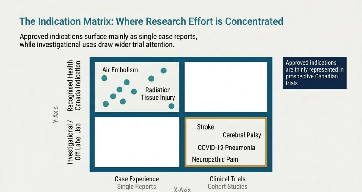 Two-by-two matrix mapping Canadian hyperbaric oxygen studies by Canadian public-funding status against study design: approved indications such as air embolism and radiation tissue injury cluster in case reports, while investigational uses such as stroke and cerebral palsy appear in trials and cohort studies.