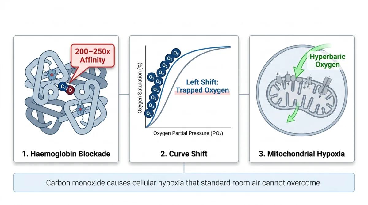 Three-panel diagram: carbon monoxide binds haemoglobin with 200 to 250 times the affinity of oxygen, shifts the oxyhaemoglobin curve left so oxygen is trapped, and causes mitochondrial hypoxia that hyperbaric oxygen helps reverse.