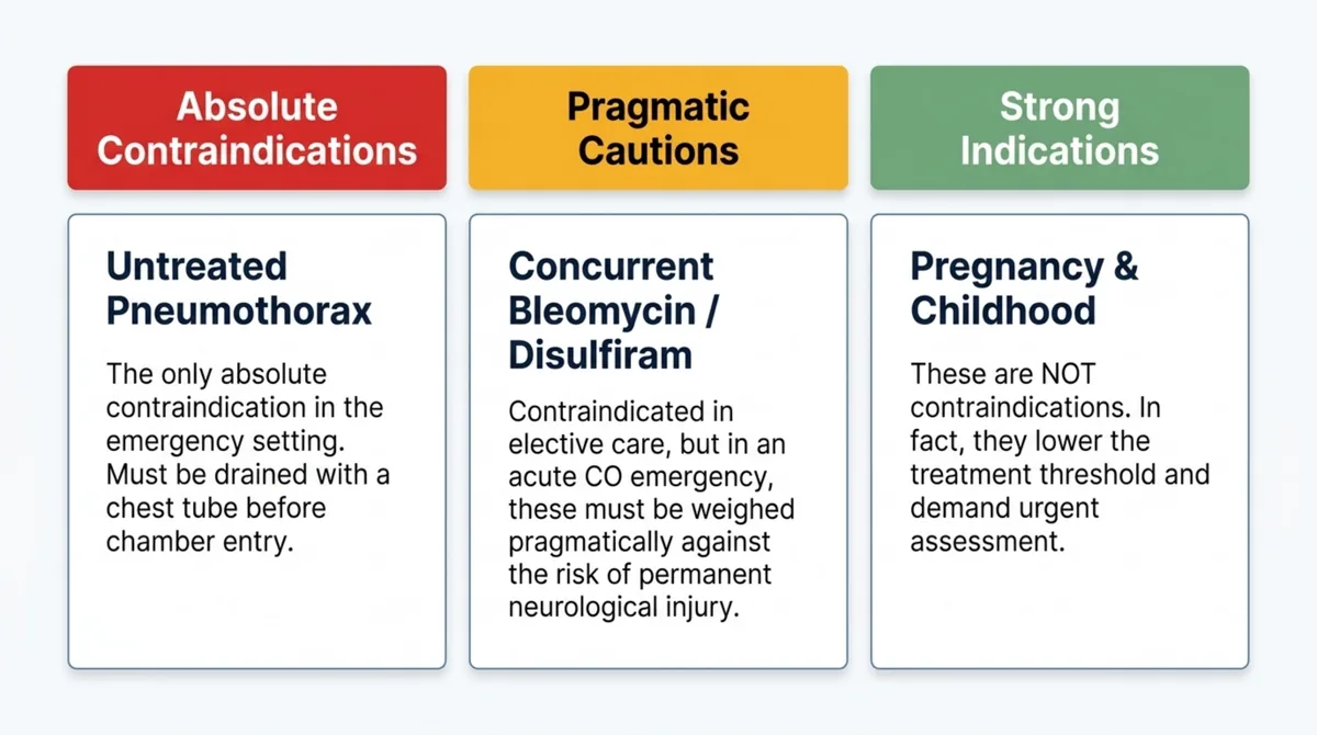 Three categories for hyperbaric oxygen in carbon monoxide poisoning: the absolute contraindication of untreated pneumothorax, pragmatic cautions for concurrent bleomycin or disulfiram, and pregnancy and childhood as strong indications rather than contraindications.