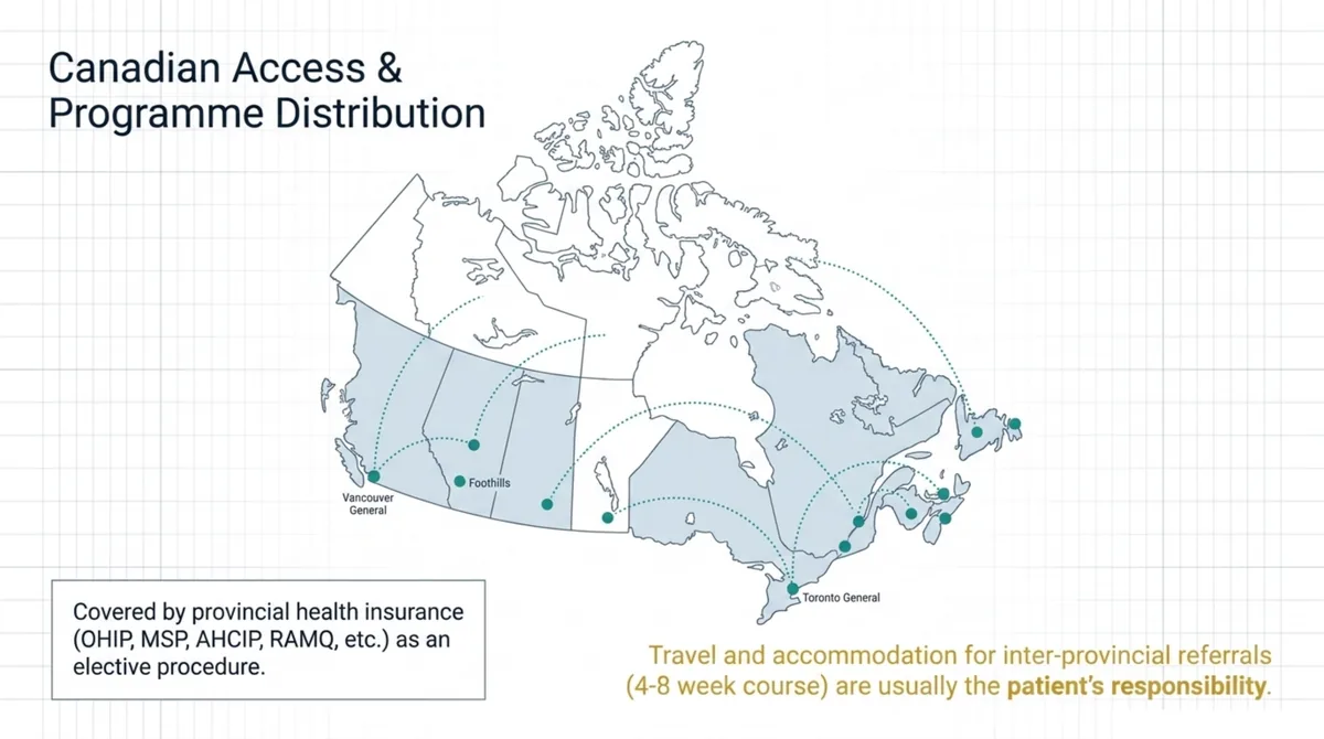 Map of Canada marking the hospital-based hyperbaric programmes that treat chronic refractory osteomyelitis, including Vancouver General in British Columbia, Foothills and Misericordia in Alberta, a Saskatchewan programme, the Toronto, Hamilton, and Ottawa programmes in Ontario, the Montreal and Levis programmes in Quebec, and programmes in Nova Scotia and Newfoundland and Labrador, with notes that treatment is covered by provincial health insurance as an elective procedure and that travel and accommodation for inter-provincial referral over the four to eight week course are usually the patient's responsibility.