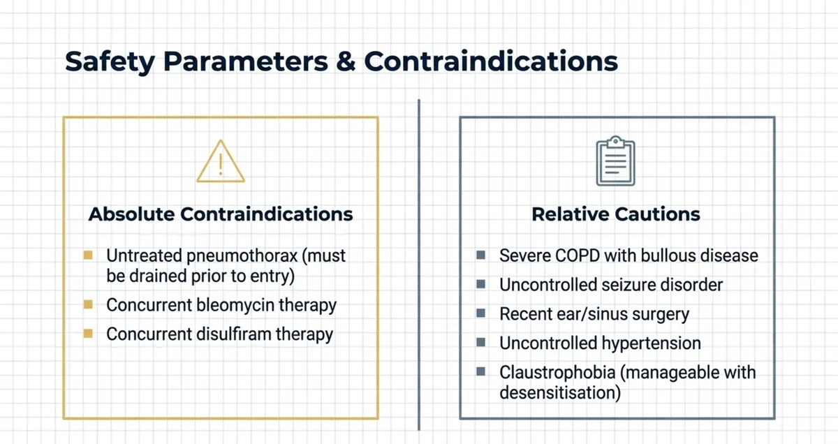 Two-column safety screen for elective hyperbaric referral. Absolute contraindications are an untreated pneumothorax, which must be drained before chamber entry, concurrent bleomycin therapy, and concurrent disulfiram therapy. Relative cautions to discuss with the hyperbaric team are severe COPD with bullous disease, an uncontrolled seizure disorder, recent ear or sinus surgery, uncontrolled hypertension, and claustrophobia, which is usually manageable with desensitisation.