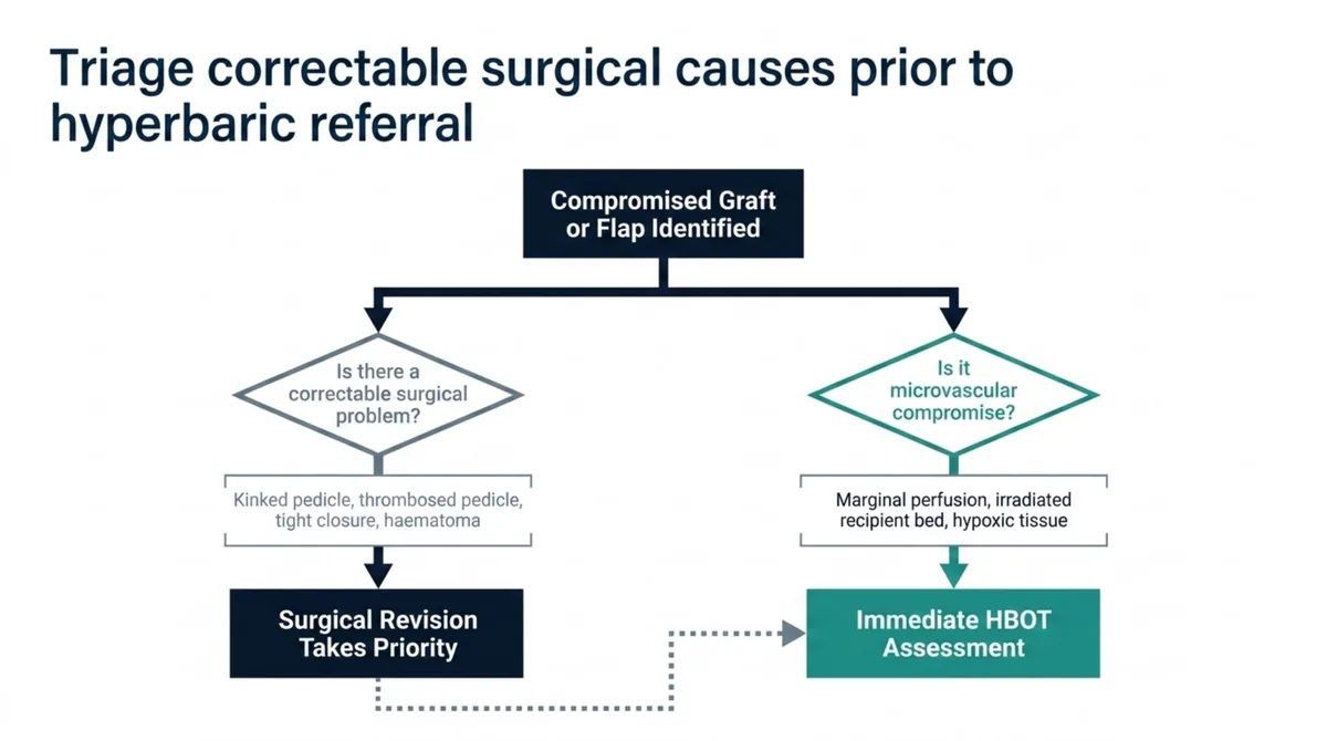 Triage flowchart from a compromised graft or flap into two branches: if there is a correctable surgical problem such as a kinked pedicle, thrombosed pedicle, tight closure, or haematoma, surgical revision takes priority; if the problem is microvascular compromise such as marginal perfusion, an irradiated recipient bed, or hypoxic tissue, the patient proceeds to immediate hyperbaric assessment.