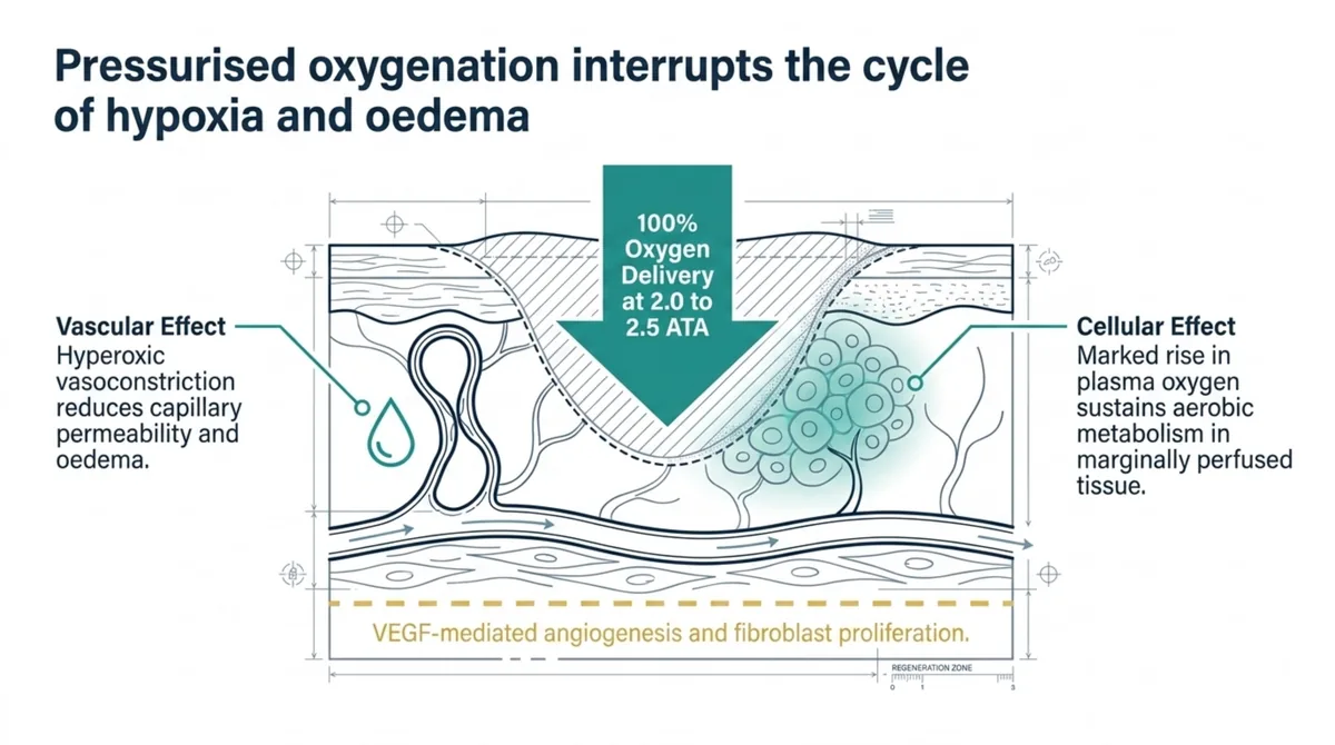 Cross-section diagram of a healing graft showing how pressurised 100 percent oxygen at 2.0 to 2.5 ATA interrupts the cycle of hypoxia and oedema: a vascular effect in which hyperoxic vasoconstriction reduces capillary permeability and oedema, a cellular effect in which a marked rise in plasma oxygen sustains aerobic metabolism in marginally perfused tissue, and VEGF-mediated angiogenesis and fibroblast proliferation in the regeneration zone.