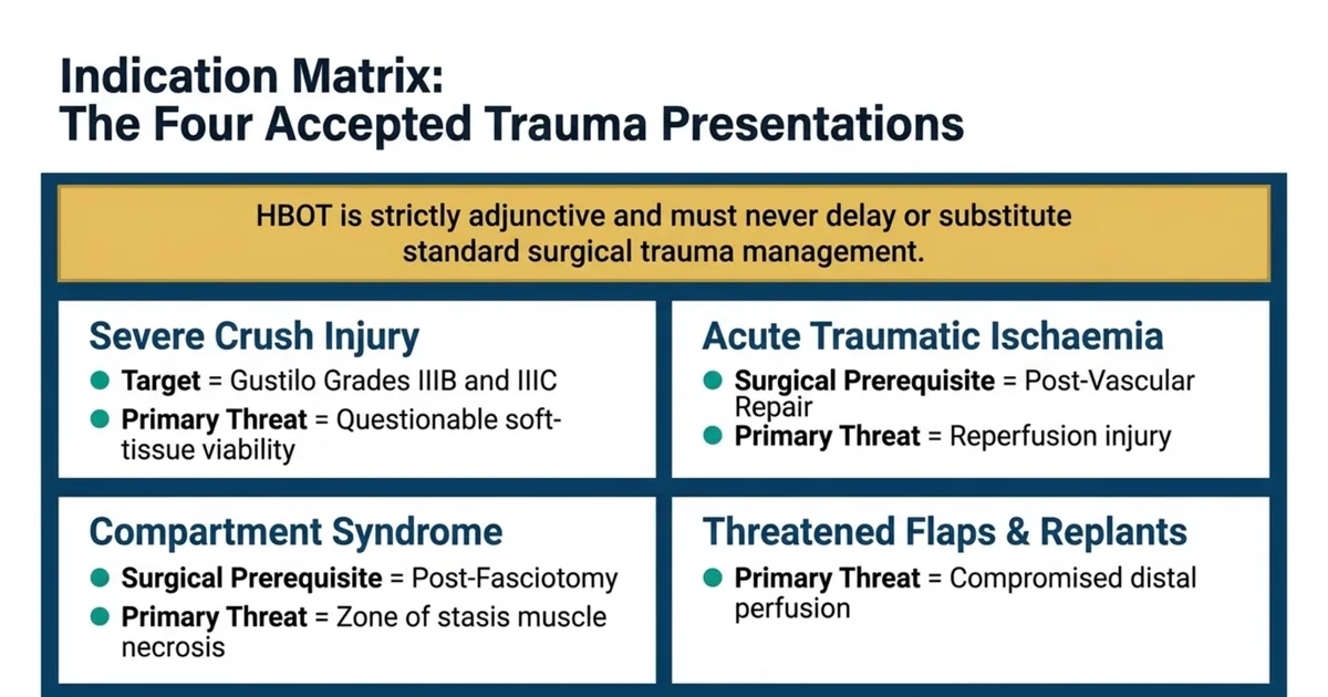 Indication matrix showing the four accepted trauma presentations for hyperbaric oxygen referral: severe crush injury (Gustilo IIIB and IIIC), acute traumatic ischaemia after vascular repair, compartment syndrome after fasciotomy, and threatened flaps or replants. HBOT is strictly adjunctive and never delays or replaces surgical management.
