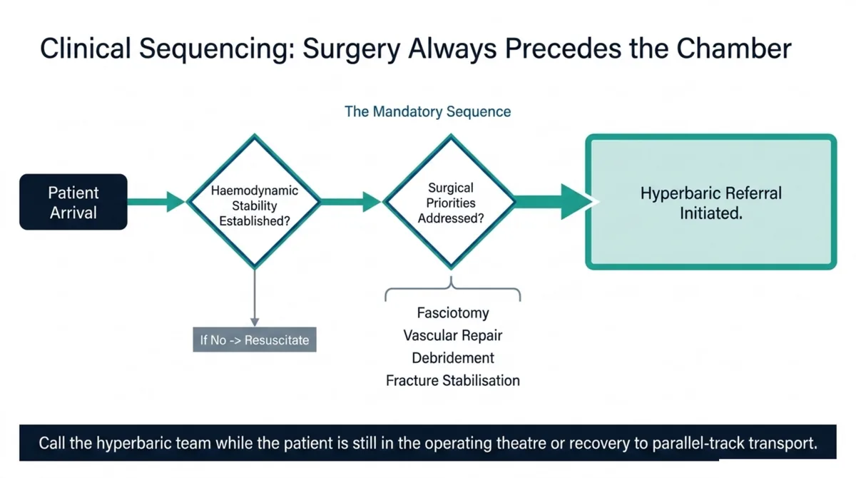 Clinical sequencing flow: patient arrival, then haemodynamic stability established (resuscitate first if not), then surgical priorities addressed (fasciotomy, vascular repair, debridement, fracture stabilisation), then hyperbaric referral initiated.